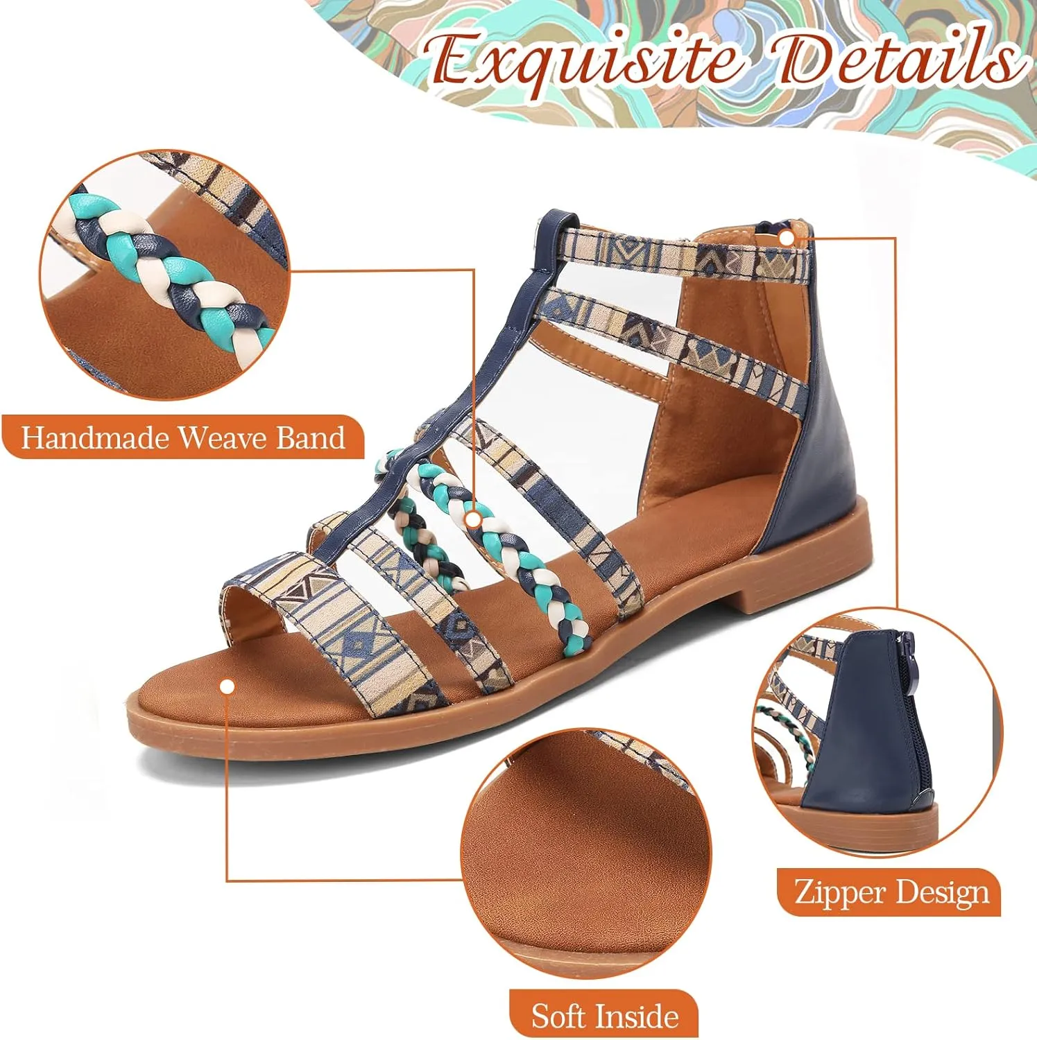 gracosy Flat Sandals for Women, Wedges Sandals Gladiator Summer Dress Sandals Ankle Slippers Woven Straps Shoes Flip Flop Thong