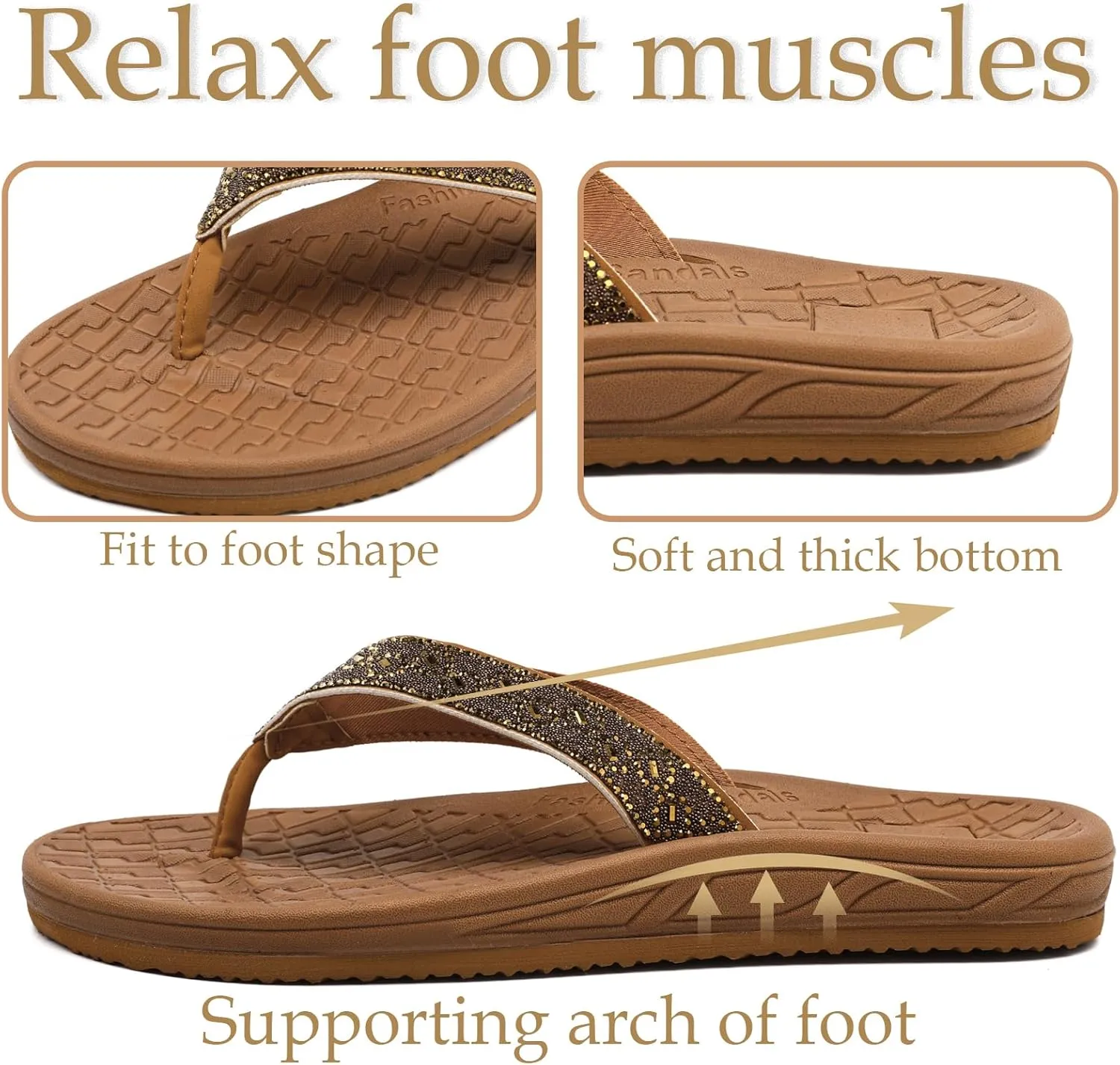 Guyarns Flip Flops Arch Support for Women,Womens Flip Flops with Rhinestone Summer Beach Comfy Thick Slides Sandals