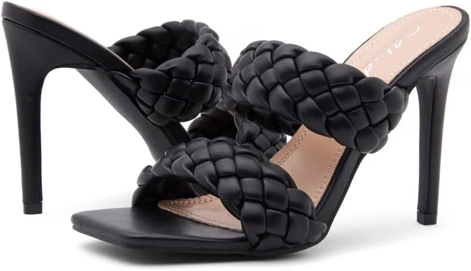 Herstyle Womens Lilah Braided heeled Sandals Square Open Toe Stiletto Heels Double Strappy Dress Casual Pumps Mules