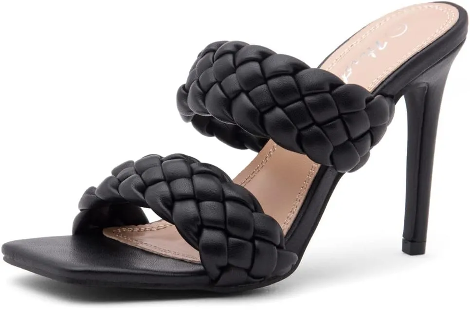 Herstyle Womens Lilah Braided heeled Sandals Square Open Toe Stiletto Heels Double Strappy Dress Casual Pumps Mules