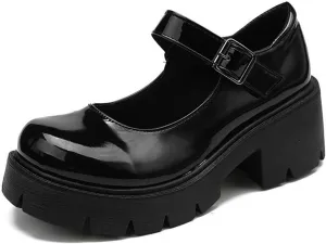 HINDOLA Platform Mary Janes Shoes Women Chunky Loafers Round Toe Gothic Black Lolita Shoes Ankle Strap Uniform Dress Pumps