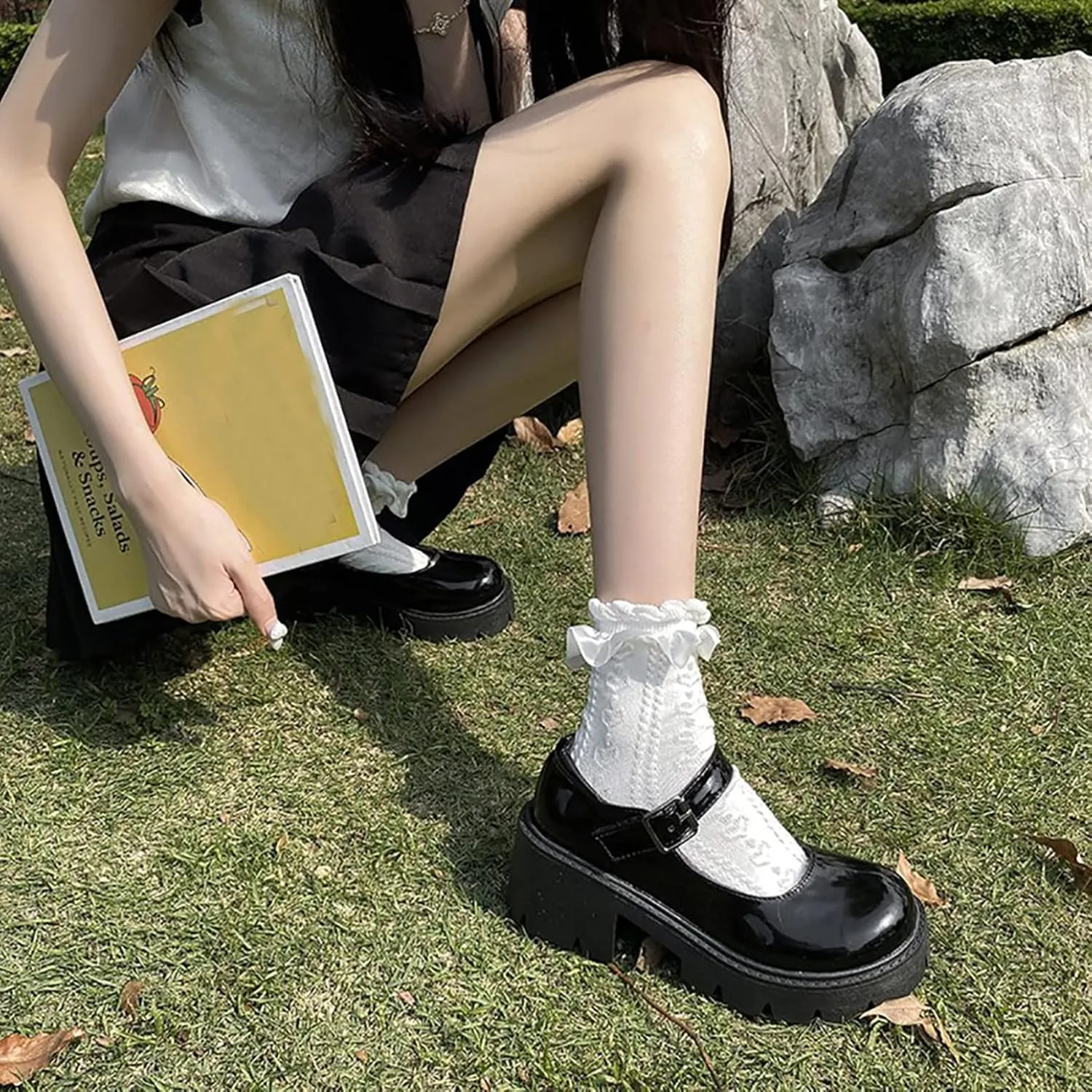 HINDOLA Platform Mary Janes Shoes Women Chunky Loafers Round Toe Gothic Black Lolita Shoes Ankle Strap Uniform Dress Pumps