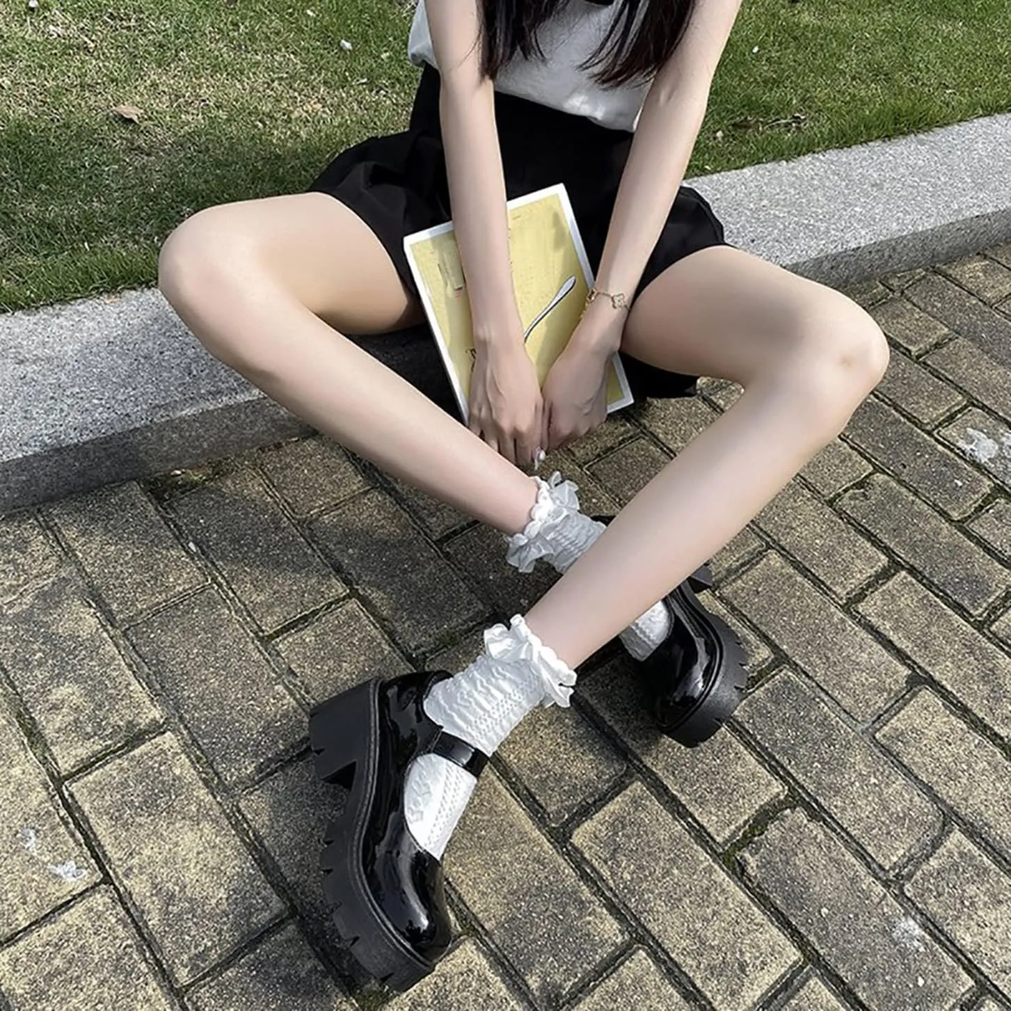 HINDOLA Platform Mary Janes Shoes Women Chunky Loafers Round Toe Gothic Black Lolita Shoes Ankle Strap Uniform Dress Pumps
