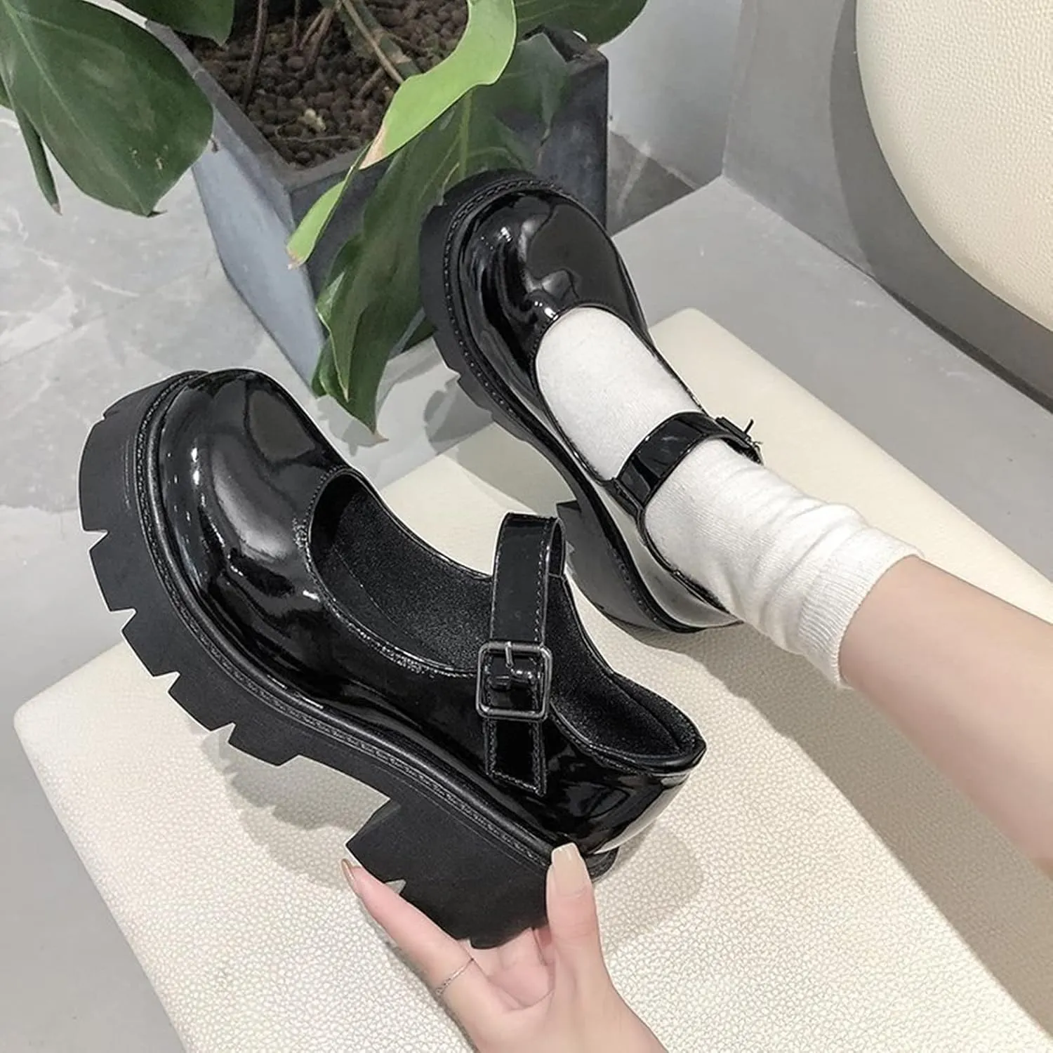 HINDOLA Platform Mary Janes Shoes Women Chunky Loafers Round Toe Gothic Black Lolita Shoes Ankle Strap Uniform Dress Pumps