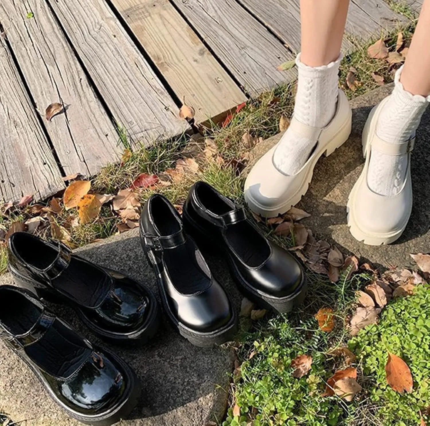 HINDOLA Platform Mary Janes Shoes Women Chunky Loafers Round Toe Gothic Black Lolita Shoes Ankle Strap Uniform Dress Pumps