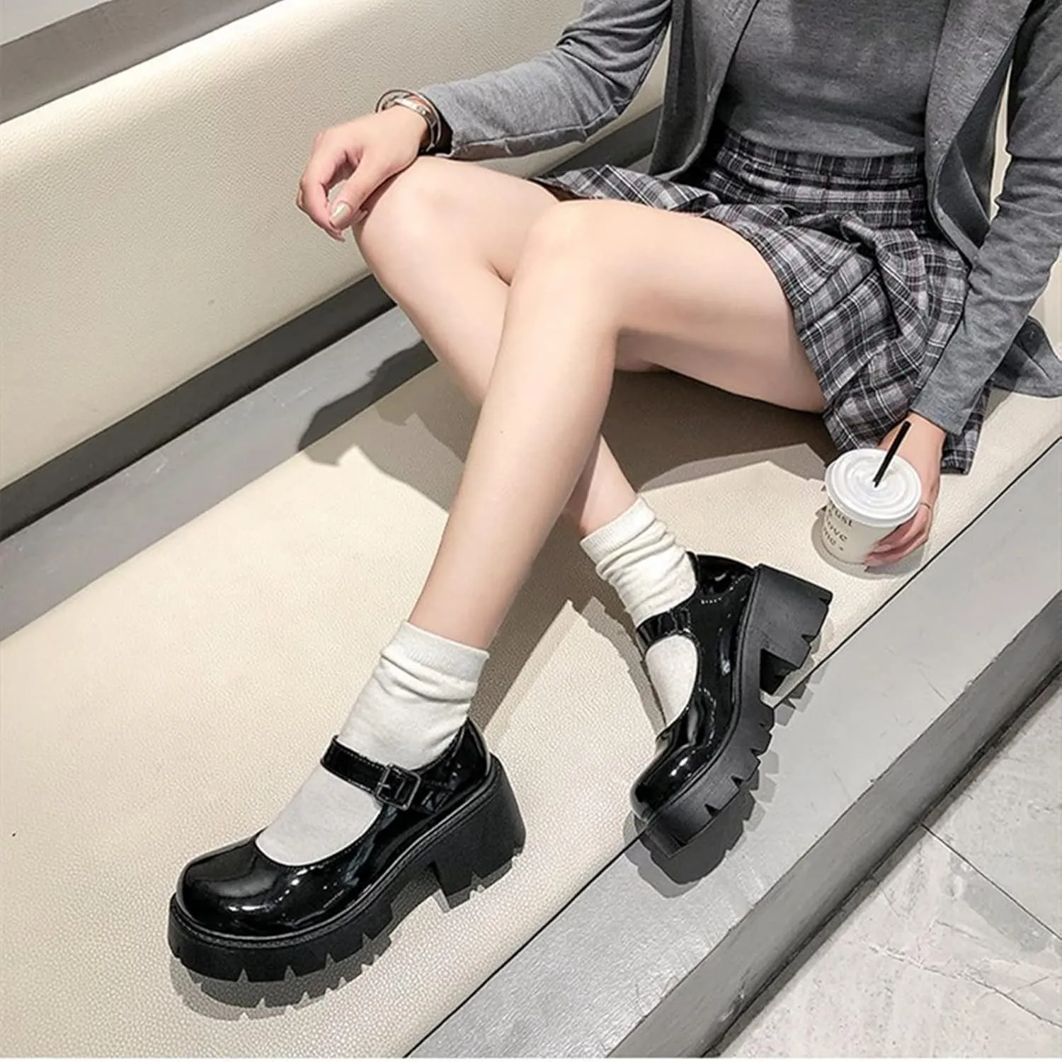 HINDOLA Platform Mary Janes Shoes Women Chunky Loafers Round Toe Gothic Black Lolita Shoes Ankle Strap Uniform Dress Pumps