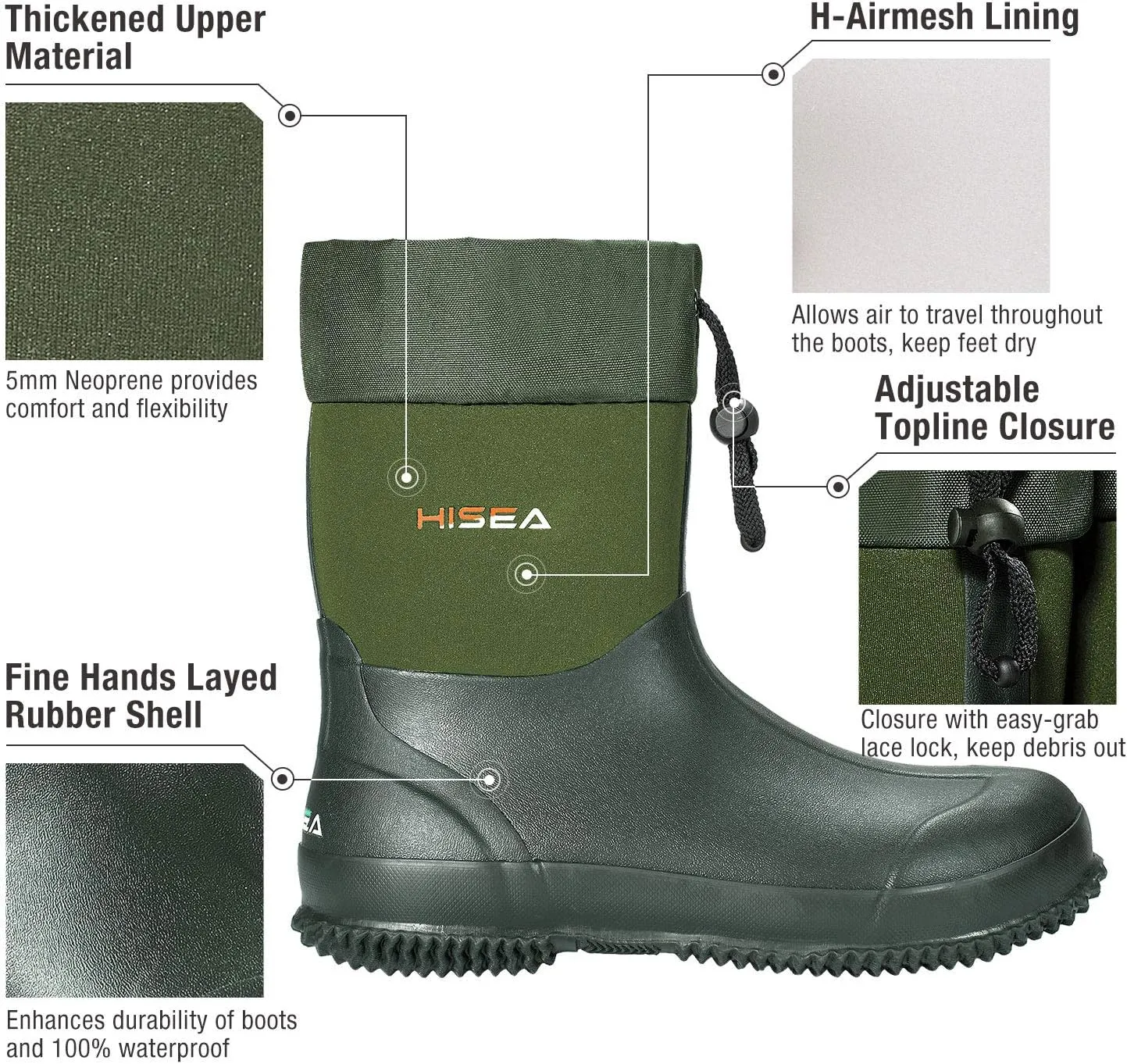 HISEA Men's Rain Boots, Garden Boots Ankle High Waterproof Neoprene Rubber Mud Boots