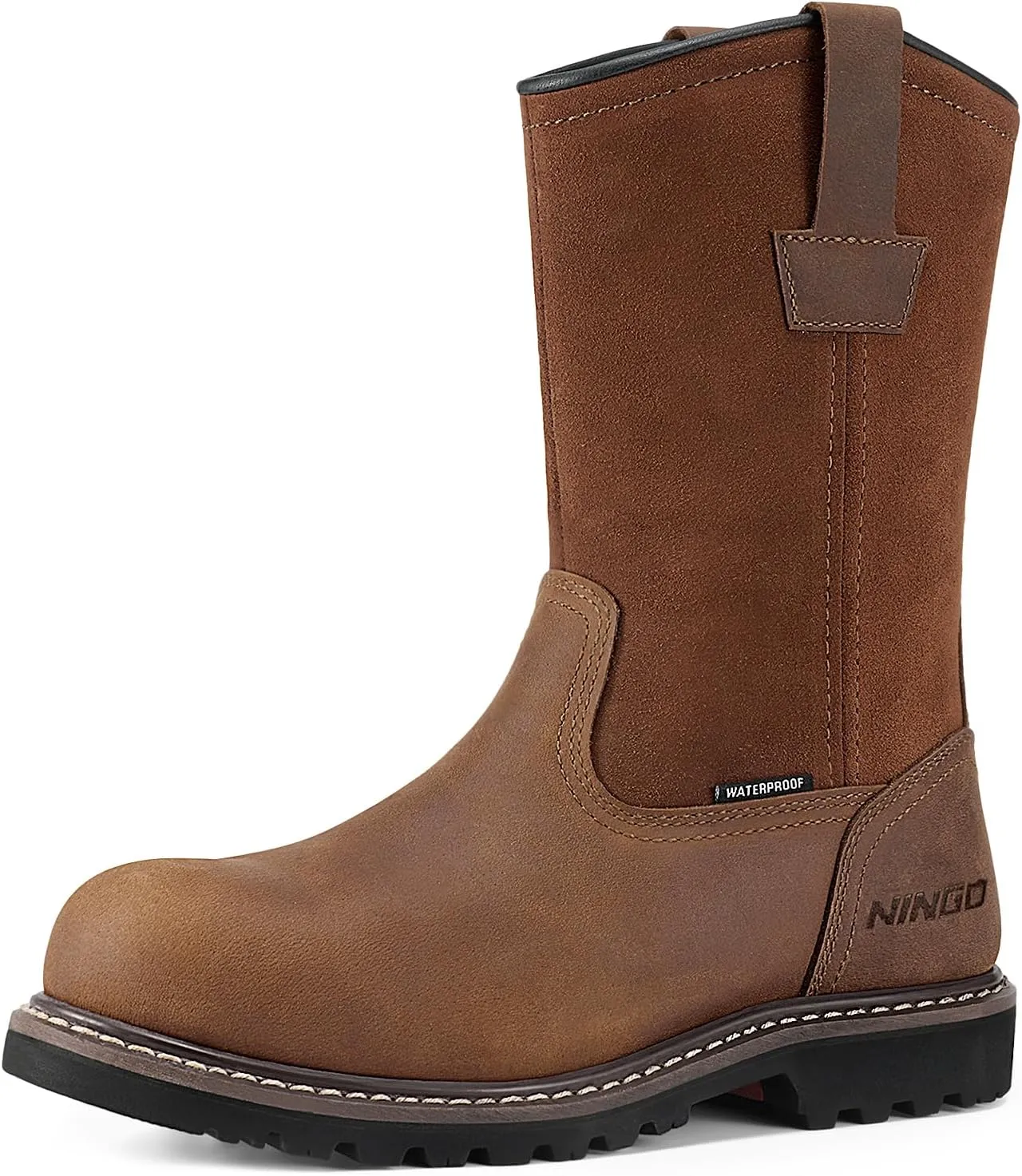 HISEA NINGO Mens Steel/Soft Toe Work Boots, 100% Waterproof Wellington Boots Shoes with Full-grain Leather, Oil Slip Resistant, Hazard Protection, Pull on Work Boots for Men, for Construction, Farming
