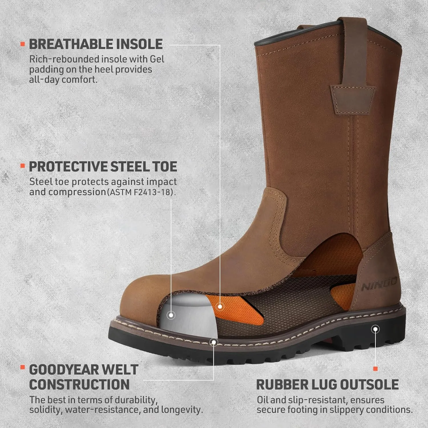 HISEA NINGO Mens Steel/Soft Toe Work Boots, 100% Waterproof Wellington Boots Shoes with Full-grain Leather, Oil Slip Resistant, Hazard Protection, Pull on Work Boots for Men, for Construction, Farming