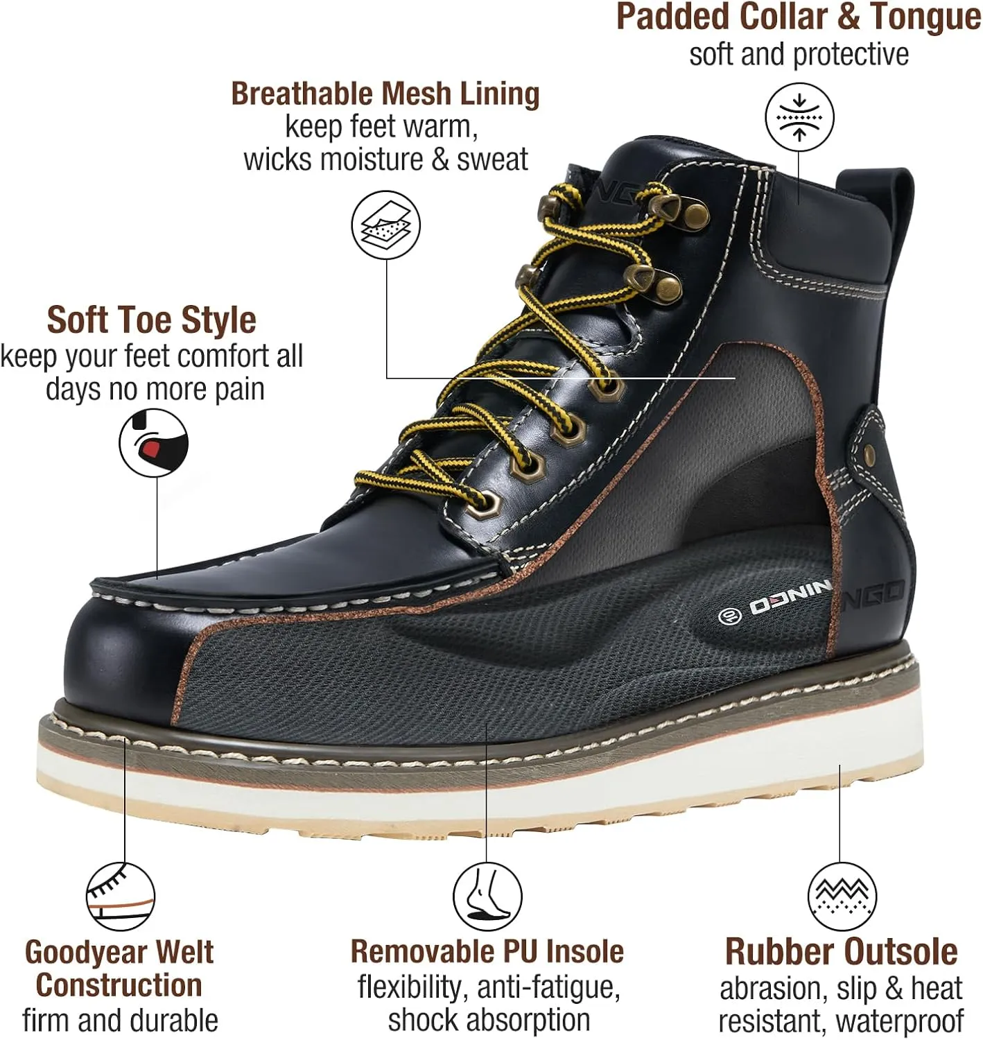 HISEA NINGO Work Boots for Men Steel/Soft Toe Boots, 6” Waterproof Slip Resistant Industrial & Construction Work Boots, Composite Toe Working Boots