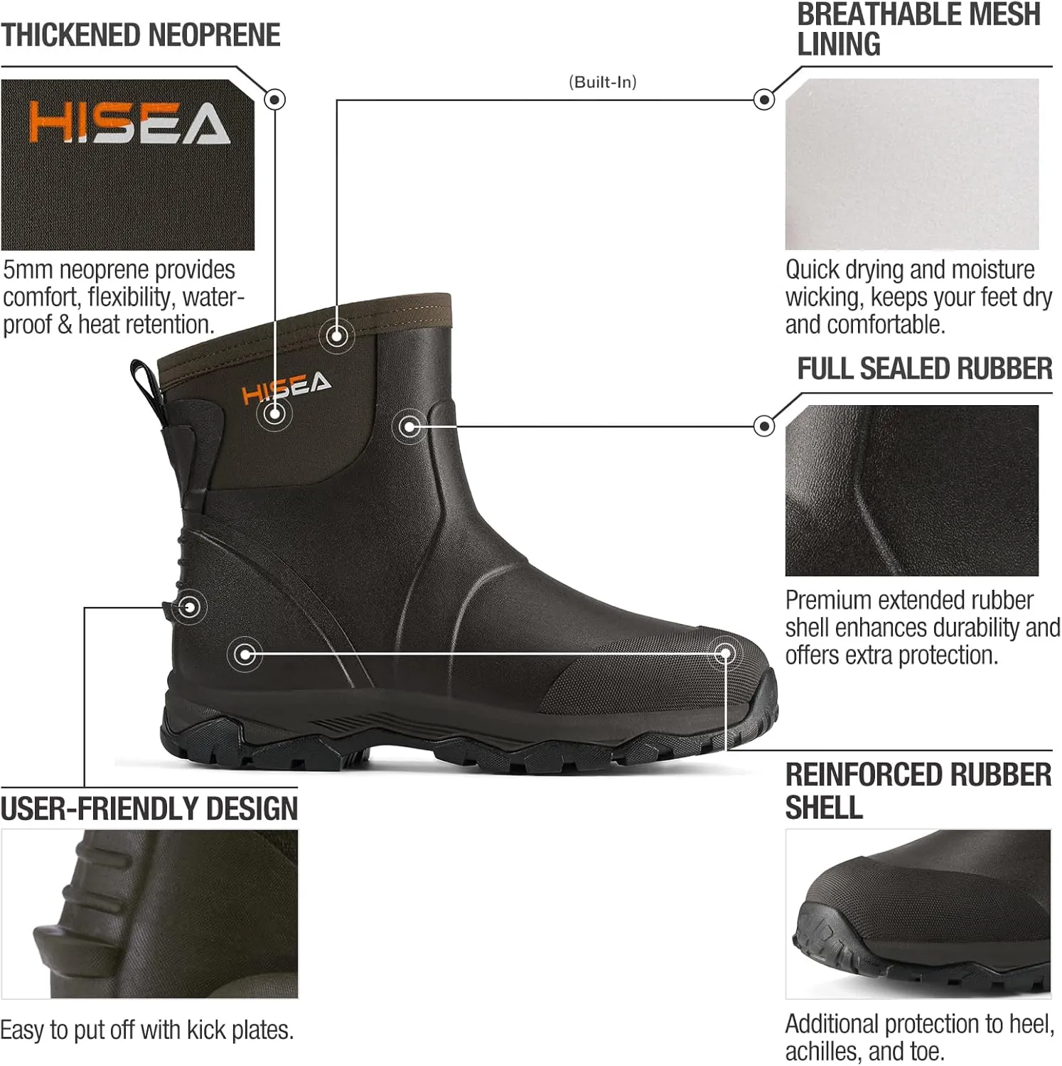 HISEA Upgraded Excursion Pro Men's Rain Boots, Ankle Height Rubber Hunting Boots Waterproof Insulated Neoprene Boots Durable Outdoor Mud Booties for Hunting Gardening Farming Fishing and Yard Work