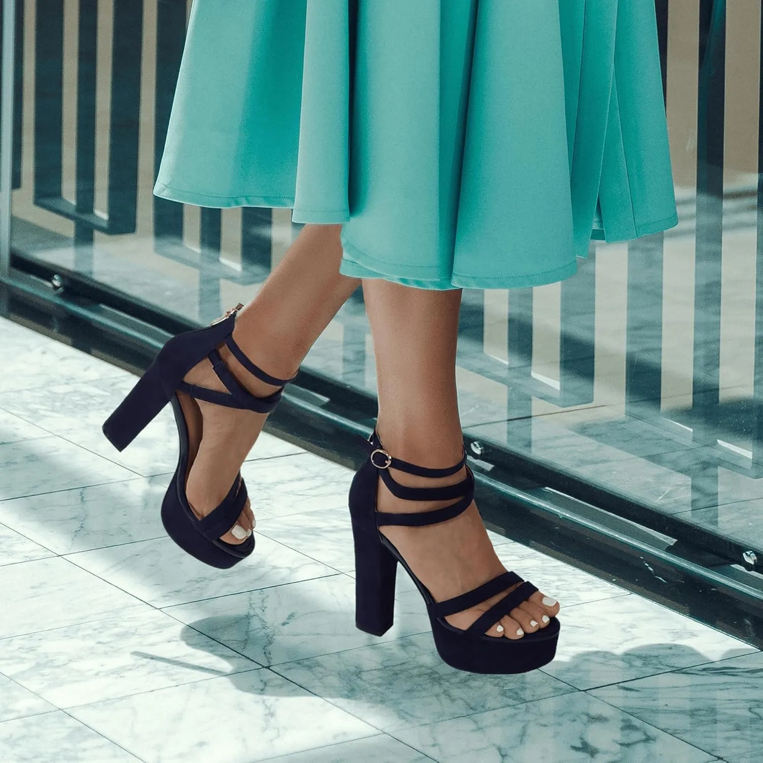 IDIFU Women's Platform Chunky High Heels Dress Sandals Open Toe Ankle Strap Strappy Wedding Bridal Party Dance Shoes For Women Bride