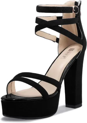IDIFU Women's Platform Chunky High Heels Dress Sandals Open Toe Ankle Strap Strappy Wedding Bridal Party Dance Shoes For Women Bride