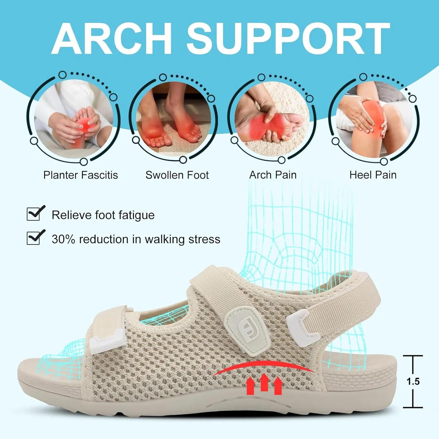 JOINFREE Womens Orthopedic Walking Hiking Sandals Adjustable Open Toe Sports Water Sandals with Plantar Fasciitis Arch Support Thick Athletic Cushion Outdoor Beach Sandals