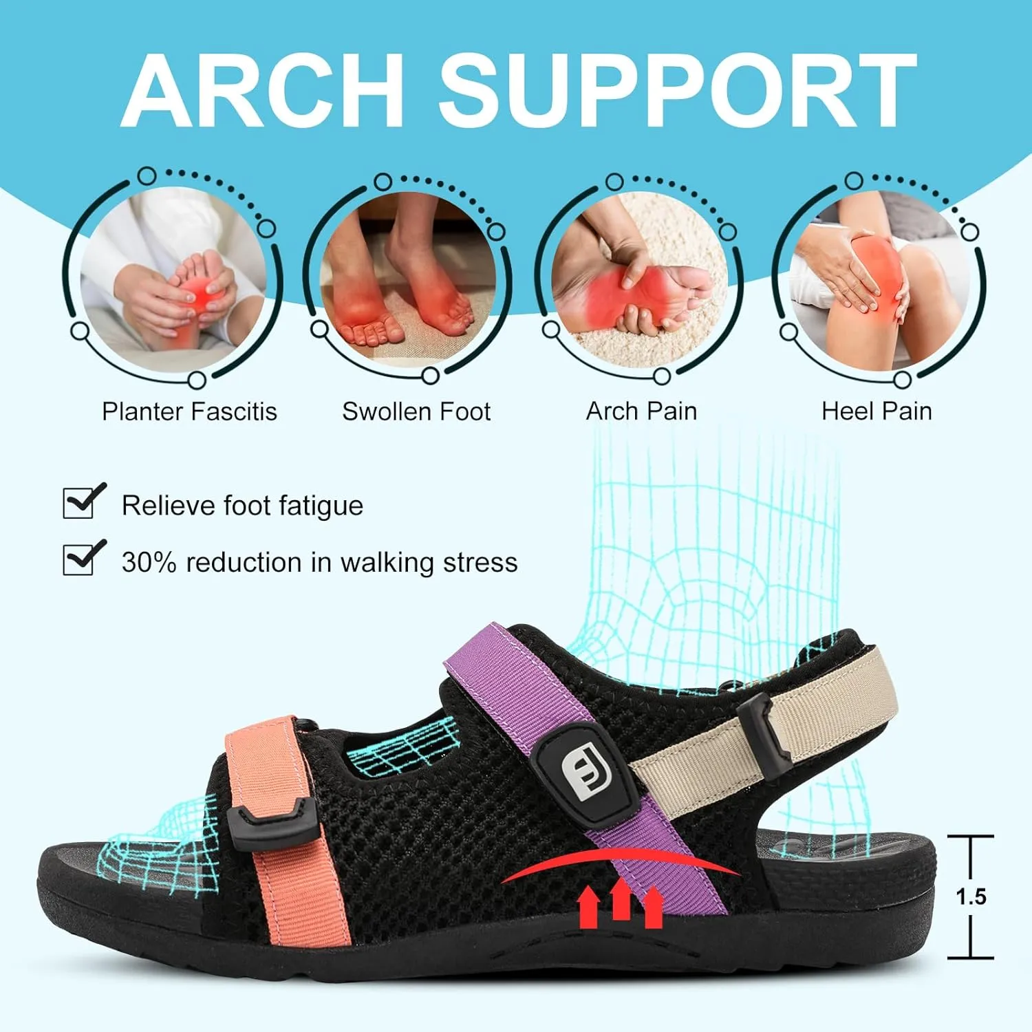 JOINFREE Womens Orthopedic Walking Hiking Sandals Adjustable Open Toe Sports Water Sandals with Plantar Fasciitis Arch Support Thick Athletic Cushion Outdoor Beach Sandals