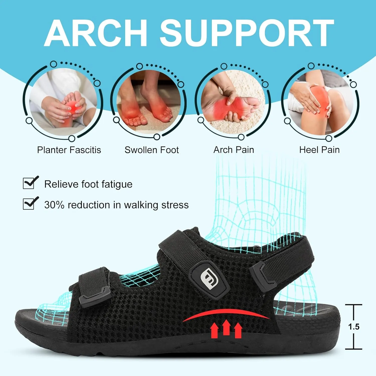 JOINFREE Womens Orthopedic Walking Hiking Sandals Adjustable Open Toe Sports Water Sandals with Plantar Fasciitis Arch Support Thick Athletic Cushion Outdoor Beach Sandals