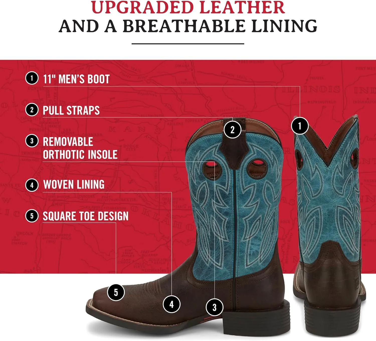 Justin Bowline 11" Cowboy Boots for Men - Square Toe Full-Grain Leather Western Boots for Men with Oil- and Slip-Resistant Rubber Outsole