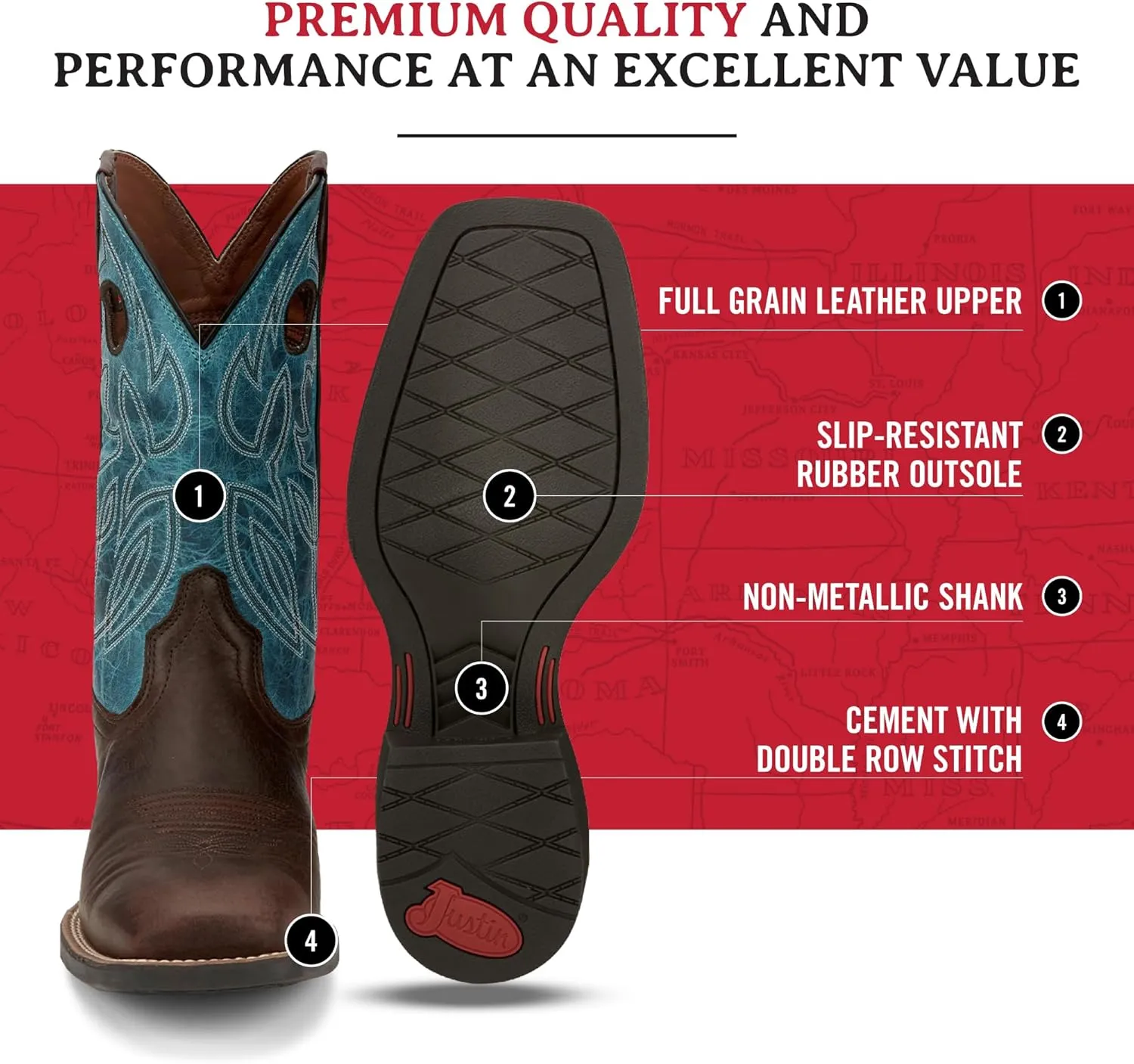 Justin Bowline 11" Cowboy Boots for Men - Square Toe Full-Grain Leather Western Boots for Men with Oil- and Slip-Resistant Rubber Outsole
