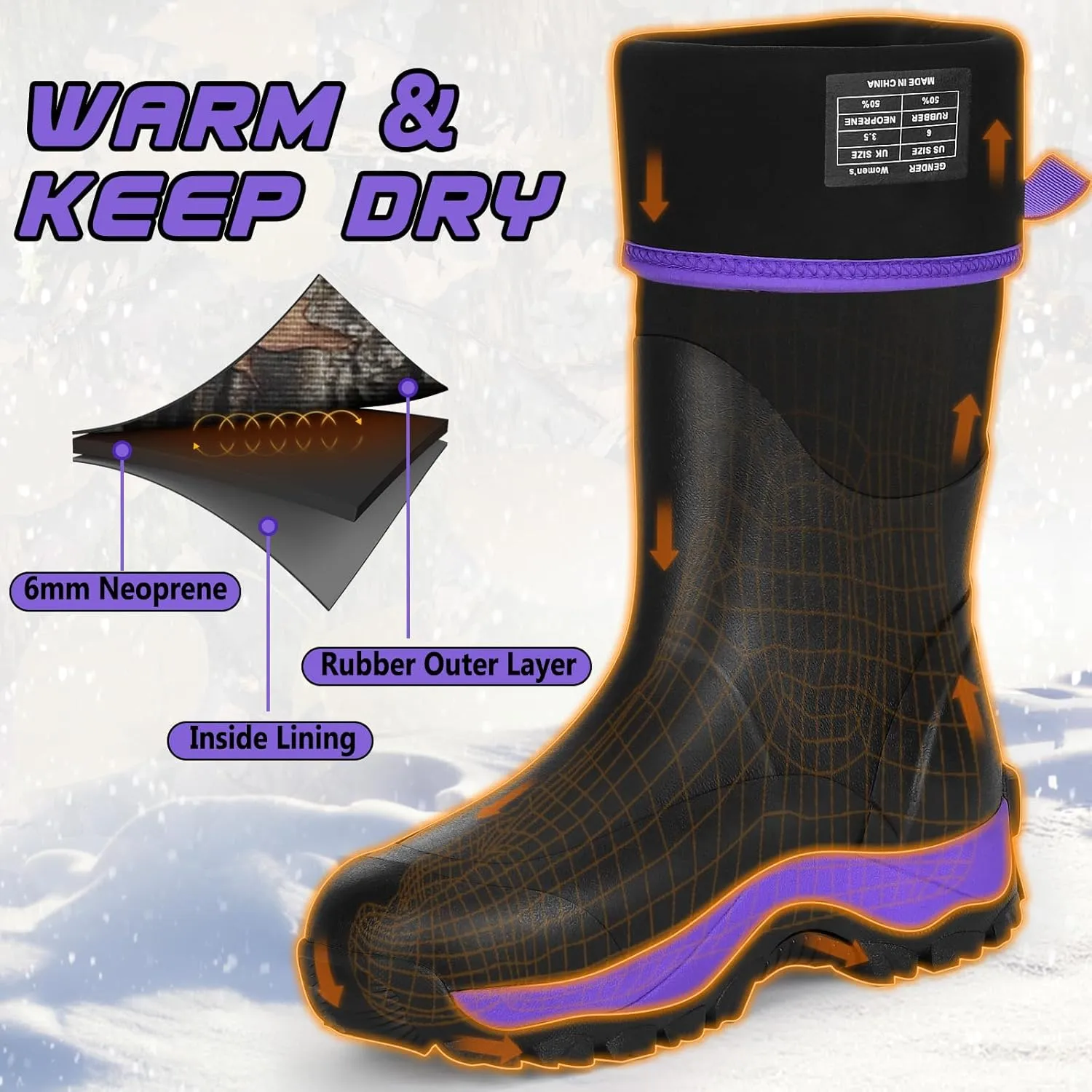 Kalkal Rubber Boots for Women, Insulated Waterproof Womens Hunting Boots, 6mm Neoprene Camo Hunting Boot Tall Rain Boots for Women Mud Working Gardening Farming