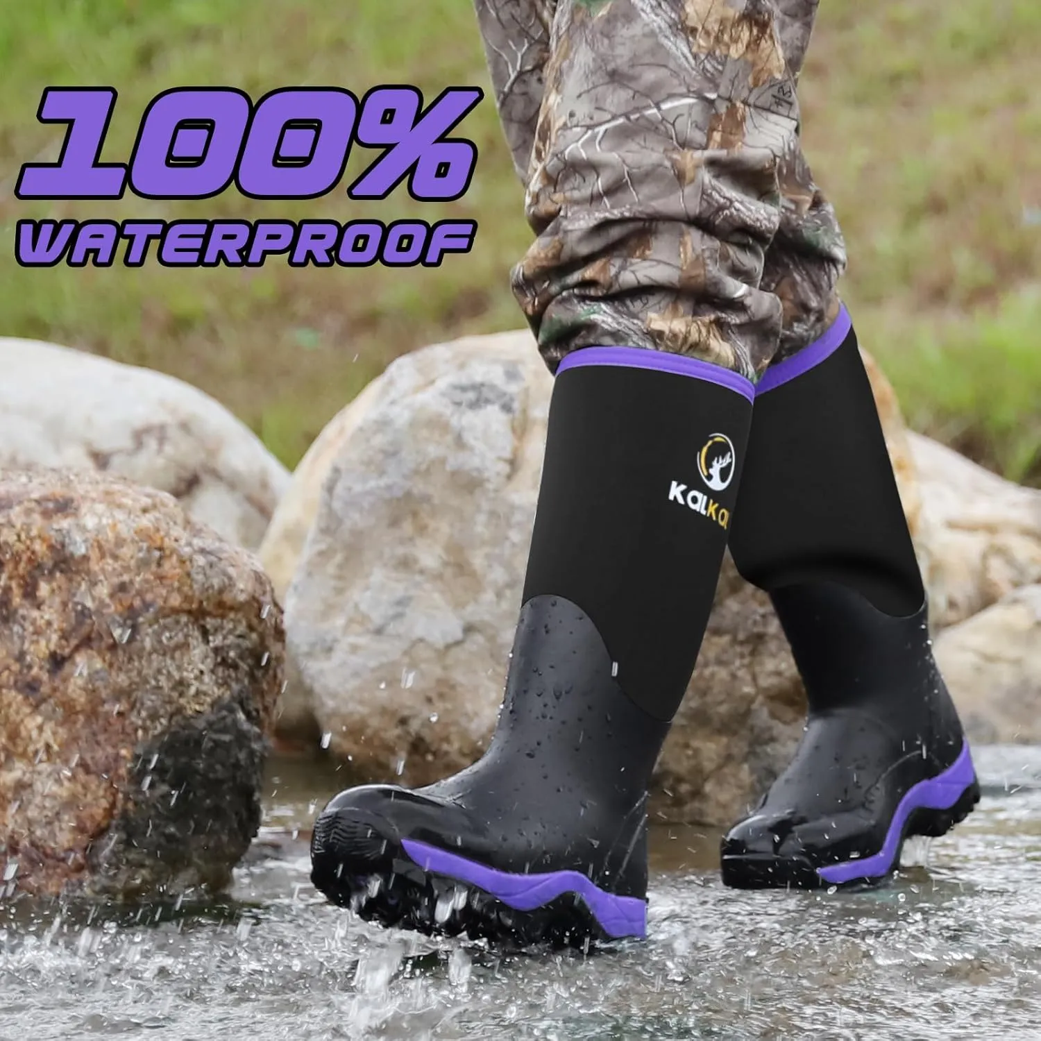 Kalkal Rubber Boots for Women, Insulated Waterproof Womens Hunting Boots, 6mm Neoprene Camo Hunting Boot Tall Rain Boots for Women Mud Working Gardening Farming