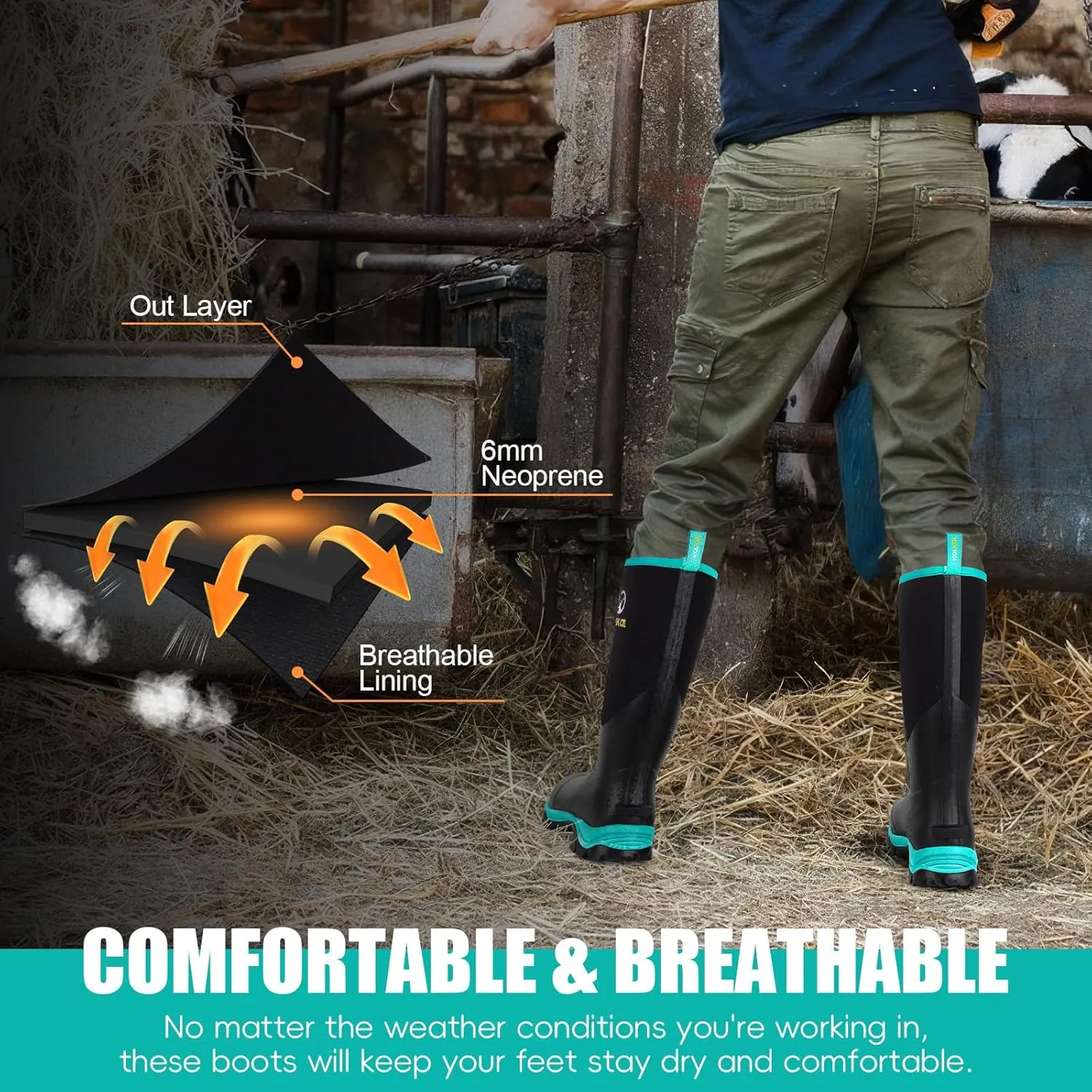 Kalkal Rubber Boots for Women, Sturdy Insulated Womens Waterproof Boots, Lightweight Anti-slip Tall Mud Rain Boots for Outdoor Gardening Farming Hunting (Size 6-11)