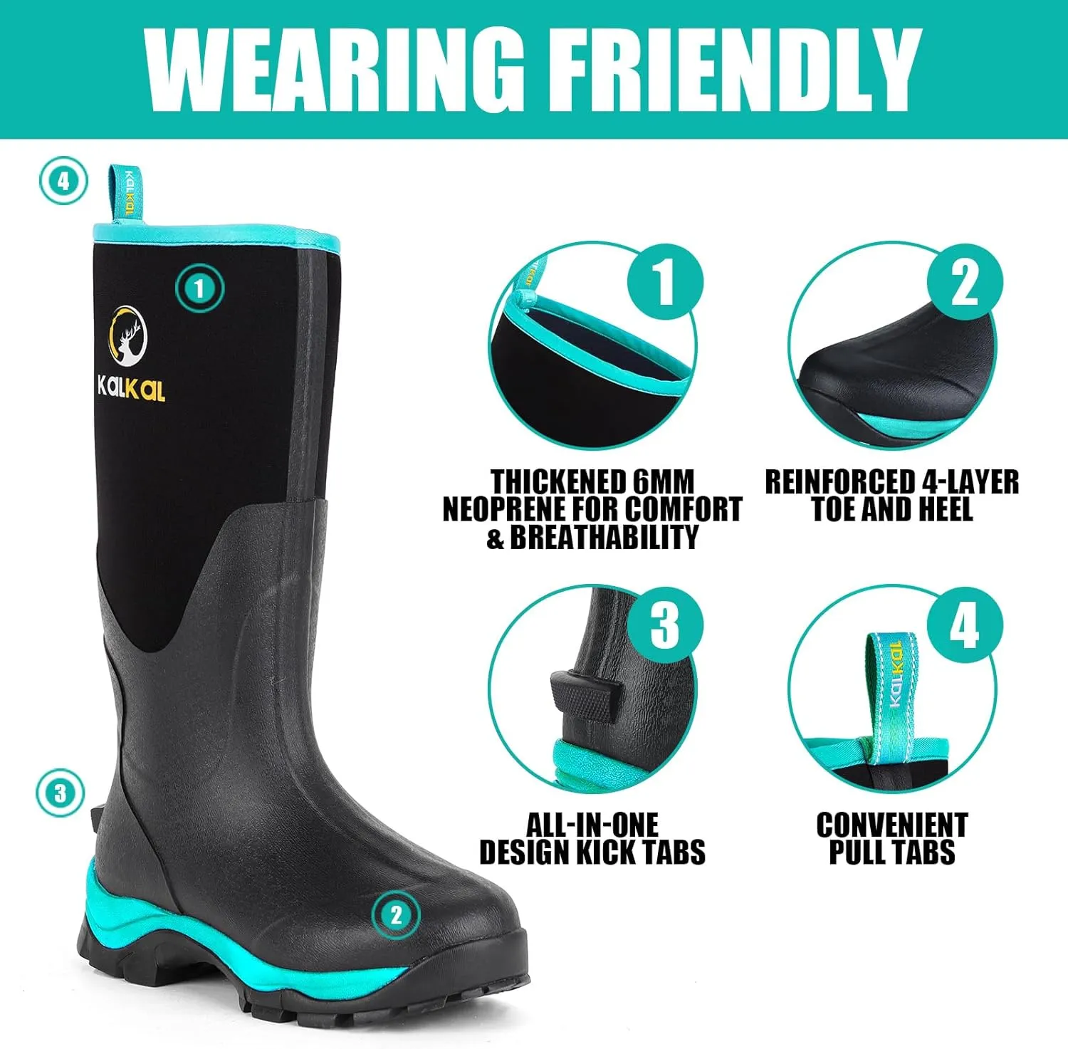 Kalkal Rubber Boots for Women, Sturdy Insulated Womens Waterproof Boots, Lightweight Anti-slip Tall Mud Rain Boots for Outdoor Gardening Farming Hunting (Size 6-11)