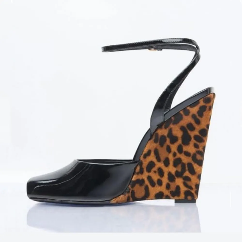 keleimusi Womens Wedge Sandals Square Peep Toe Summer Dressy Sandals with Adjustable Ankle Strap Sandals Platform Thong Leather Strap Slides Backless Slip On Party Fashion Shoes for Women