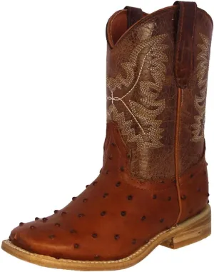 Kids Toddler Cognac Ostrich Print Cowboy Boots Square Toe