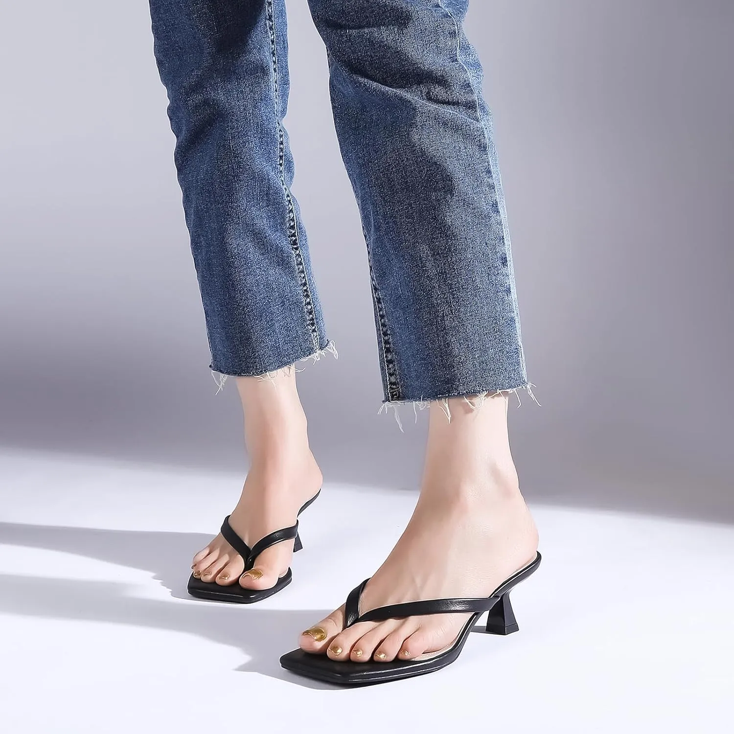 Kitten Flip Flop Thong Low Heels for Women Square Open Toe Slip On Slide Sandals