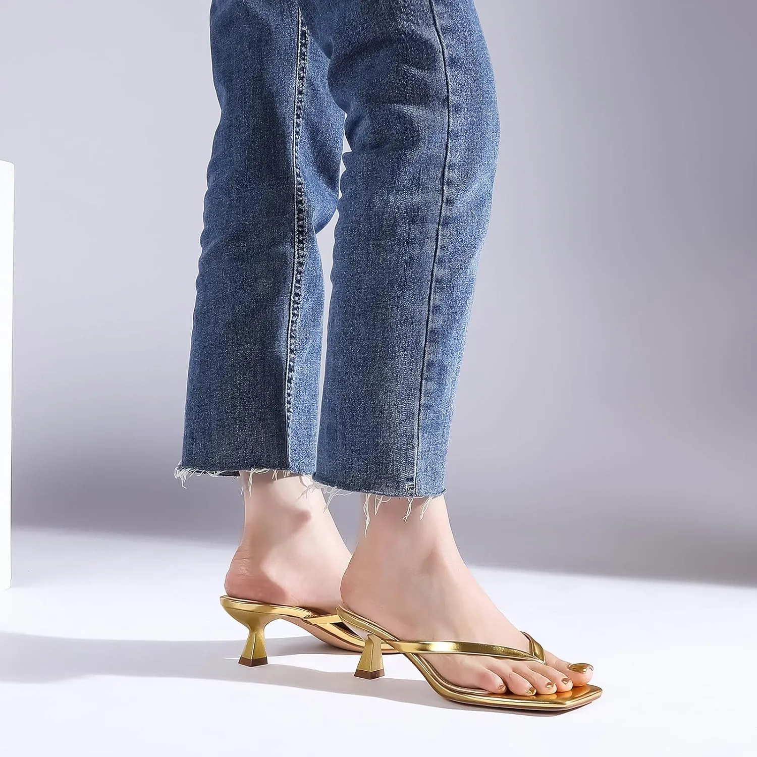 Kitten Flip Flop Thong Low Heels for Women Square Open Toe Slip On Slide Sandals