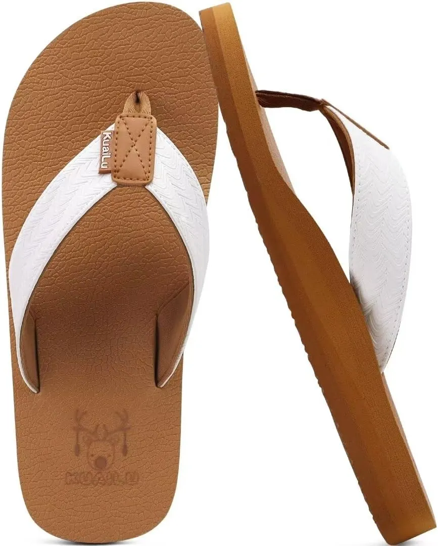 KuaiLu Men's Yoga Mat Leather Flip Flops with Arch Support Comfortable Cushion Walking Thong Sandals Slip On Indoor Outdoor
