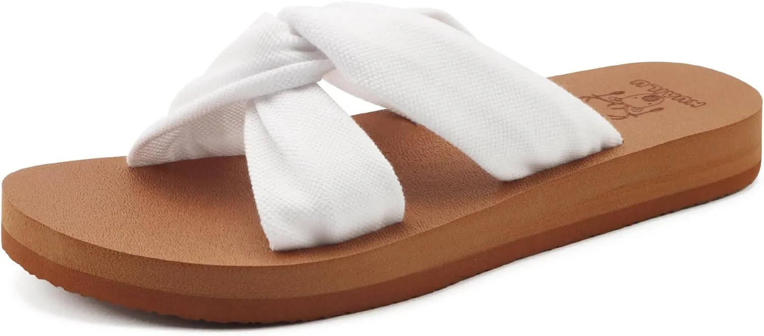 KuaiLu Womens Dressy Sandals with Arch Support Yoga Mat Comfortable Cushion Walking Criss Cross Slides Summer Beach Slip On Indoor Outdoor Slippers