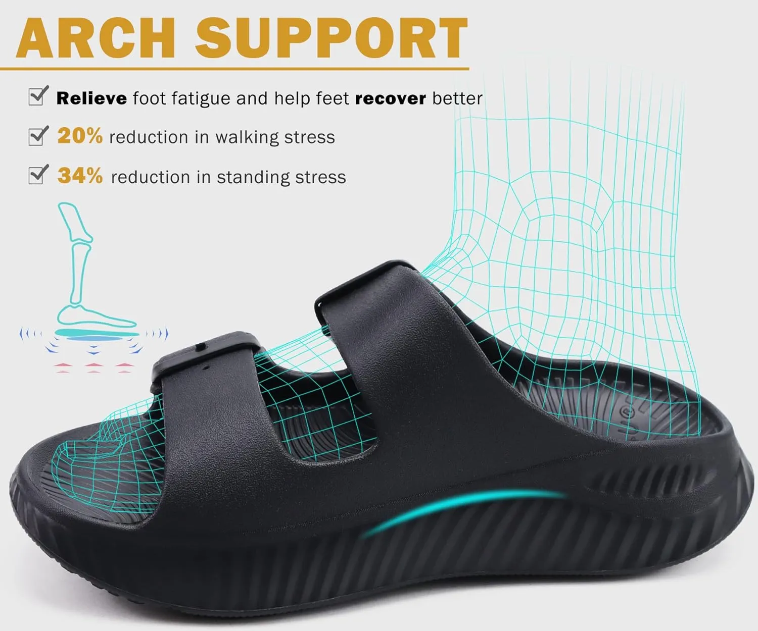 KuaiLu Womens Recovery Sandals With Comfortable Plantar Fasciitis Arch Support, Orthotic Adjustable Thick Cushion Sport Slides Reduces Stress on Feet, Joints & Back Post-Exercise