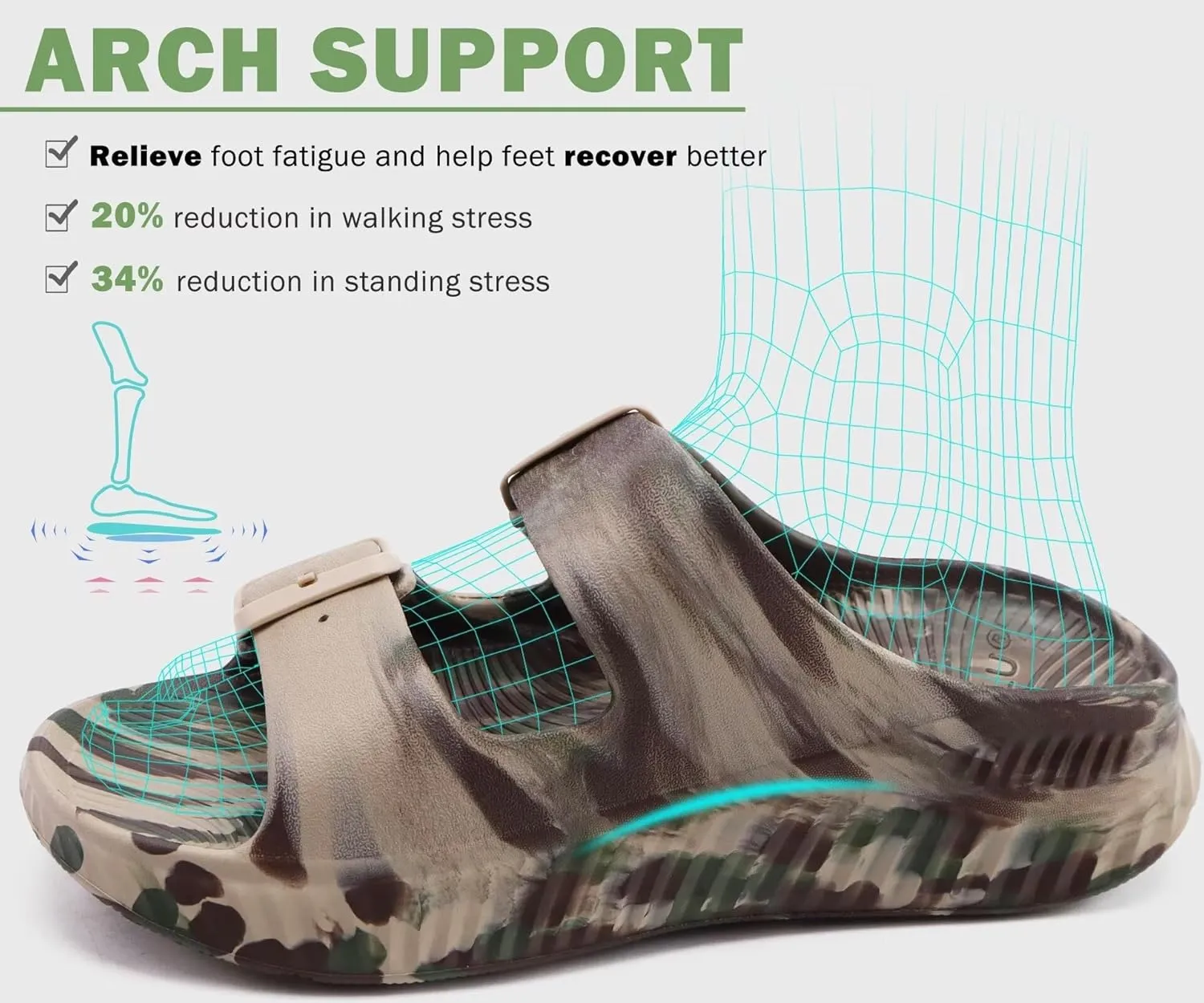KuaiLu Womens Recovery Sandals With Comfortable Plantar Fasciitis Arch Support, Orthotic Adjustable Thick Cushion Sport Slides Reduces Stress on Feet, Joints & Back Post-Exercise