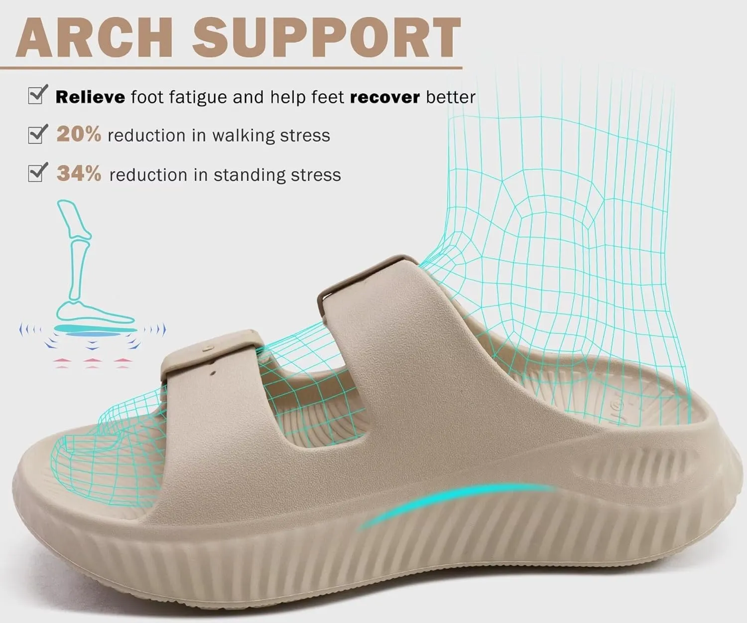 KuaiLu Womens Recovery Sandals With Comfortable Plantar Fasciitis Arch Support, Orthotic Adjustable Thick Cushion Sport Slides Reduces Stress on Feet, Joints & Back Post-Exercise