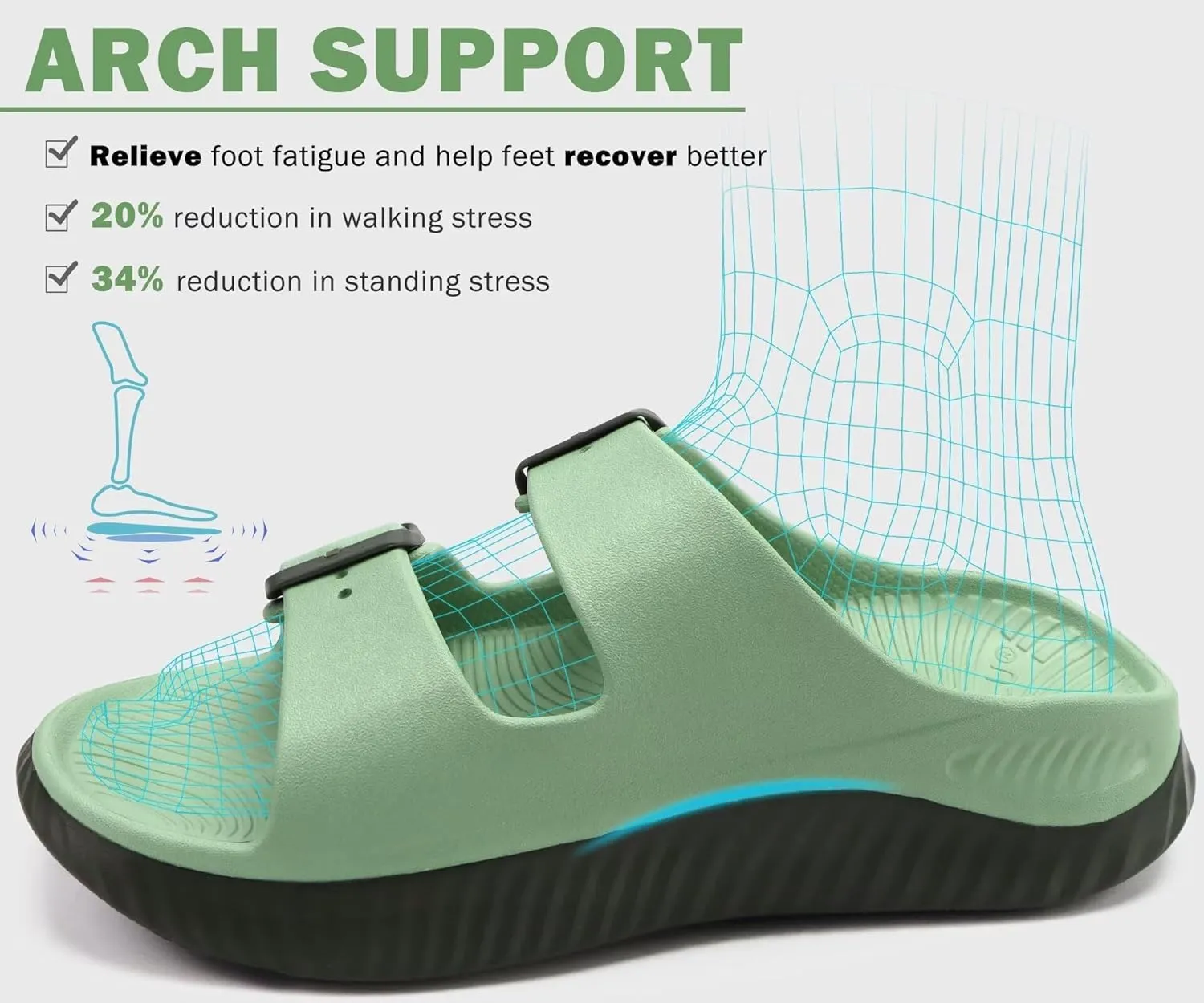 KuaiLu Womens Recovery Sandals With Comfortable Plantar Fasciitis Arch Support, Orthotic Adjustable Thick Cushion Sport Slides Reduces Stress on Feet, Joints & Back Post-Exercise