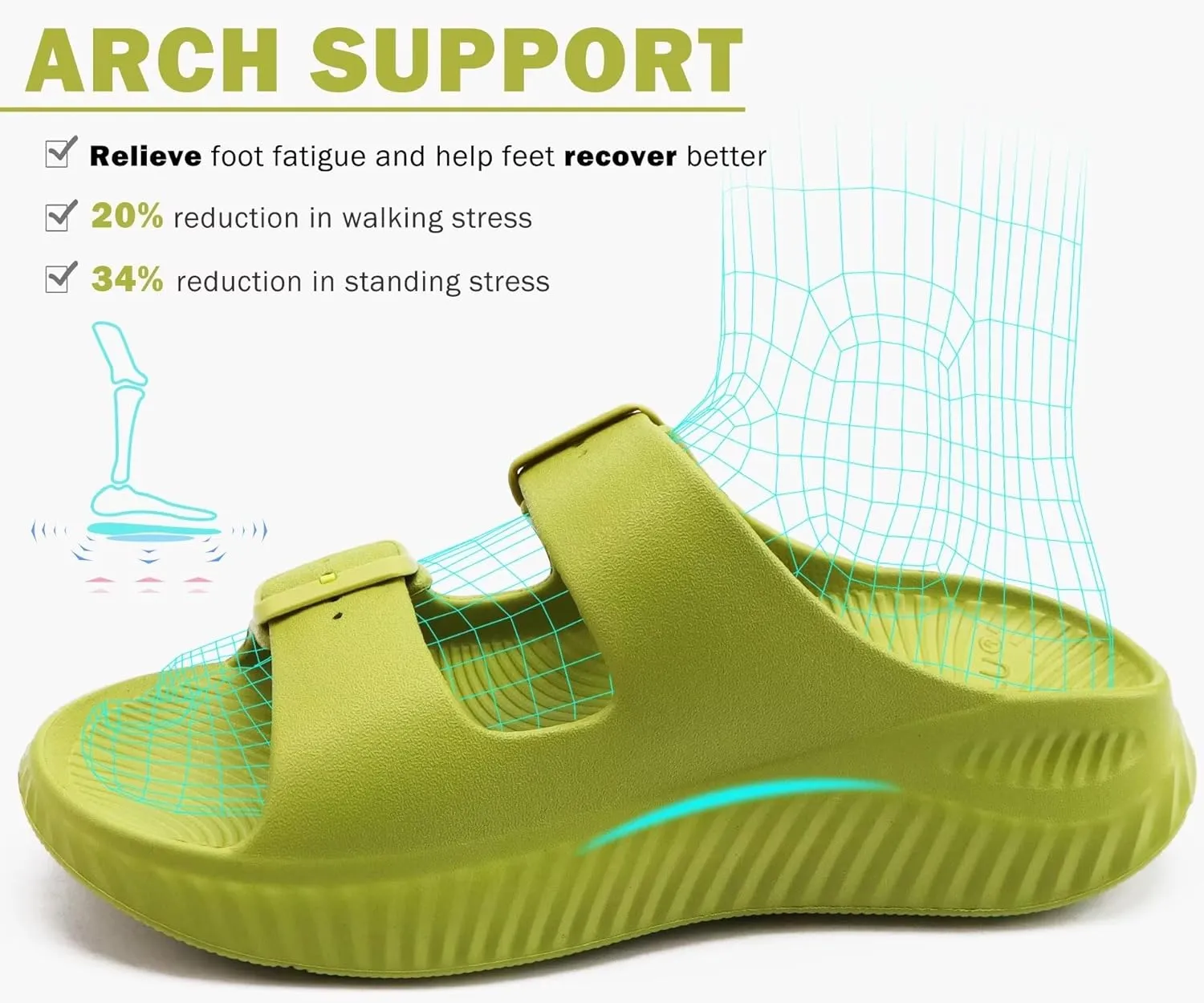 KuaiLu Womens Recovery Sandals With Comfortable Plantar Fasciitis Arch Support, Orthotic Adjustable Thick Cushion Sport Slides Reduces Stress on Feet, Joints & Back Post-Exercise