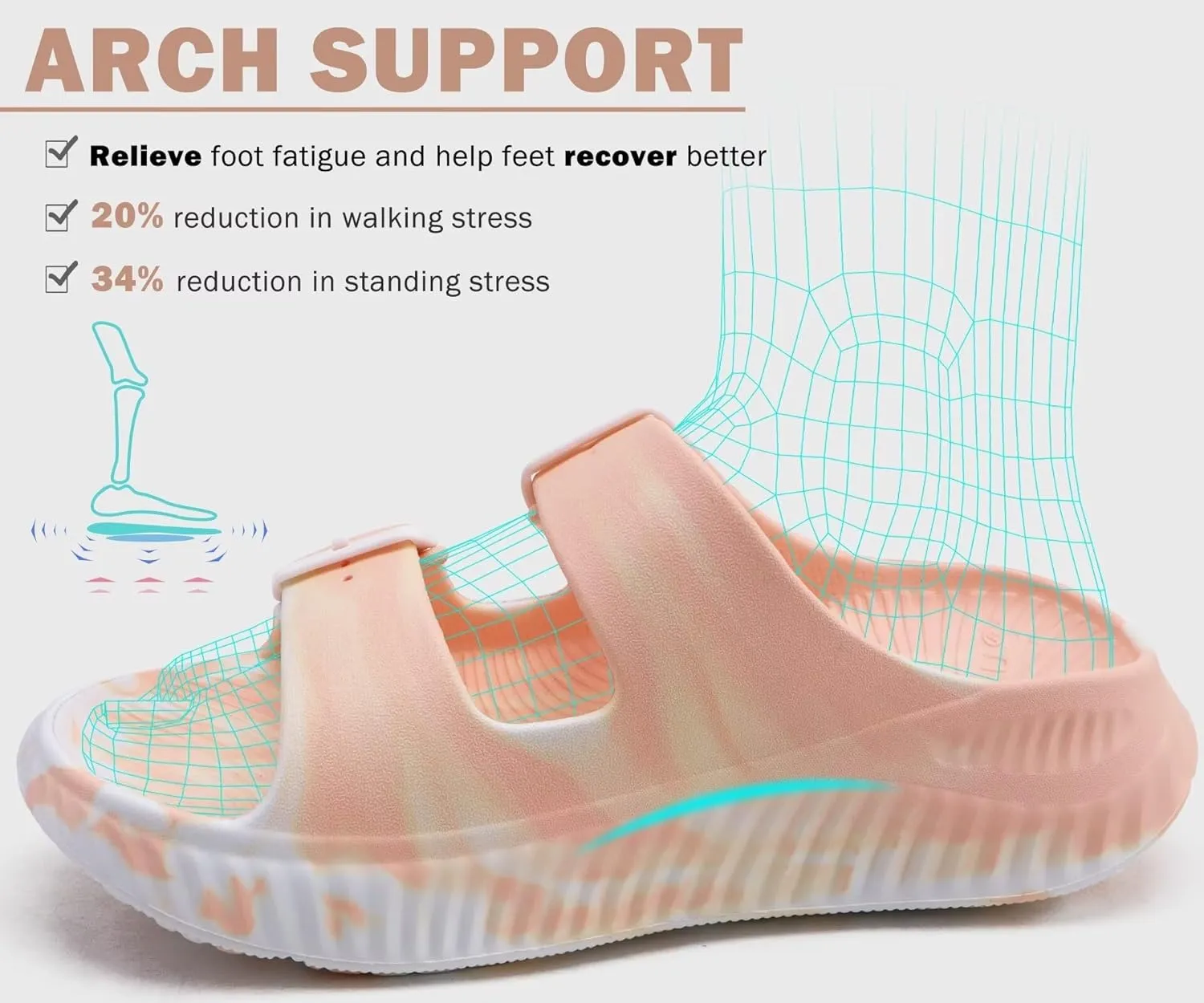 KuaiLu Womens Recovery Sandals With Comfortable Plantar Fasciitis Arch Support, Orthotic Adjustable Thick Cushion Sport Slides Reduces Stress on Feet, Joints & Back Post-Exercise