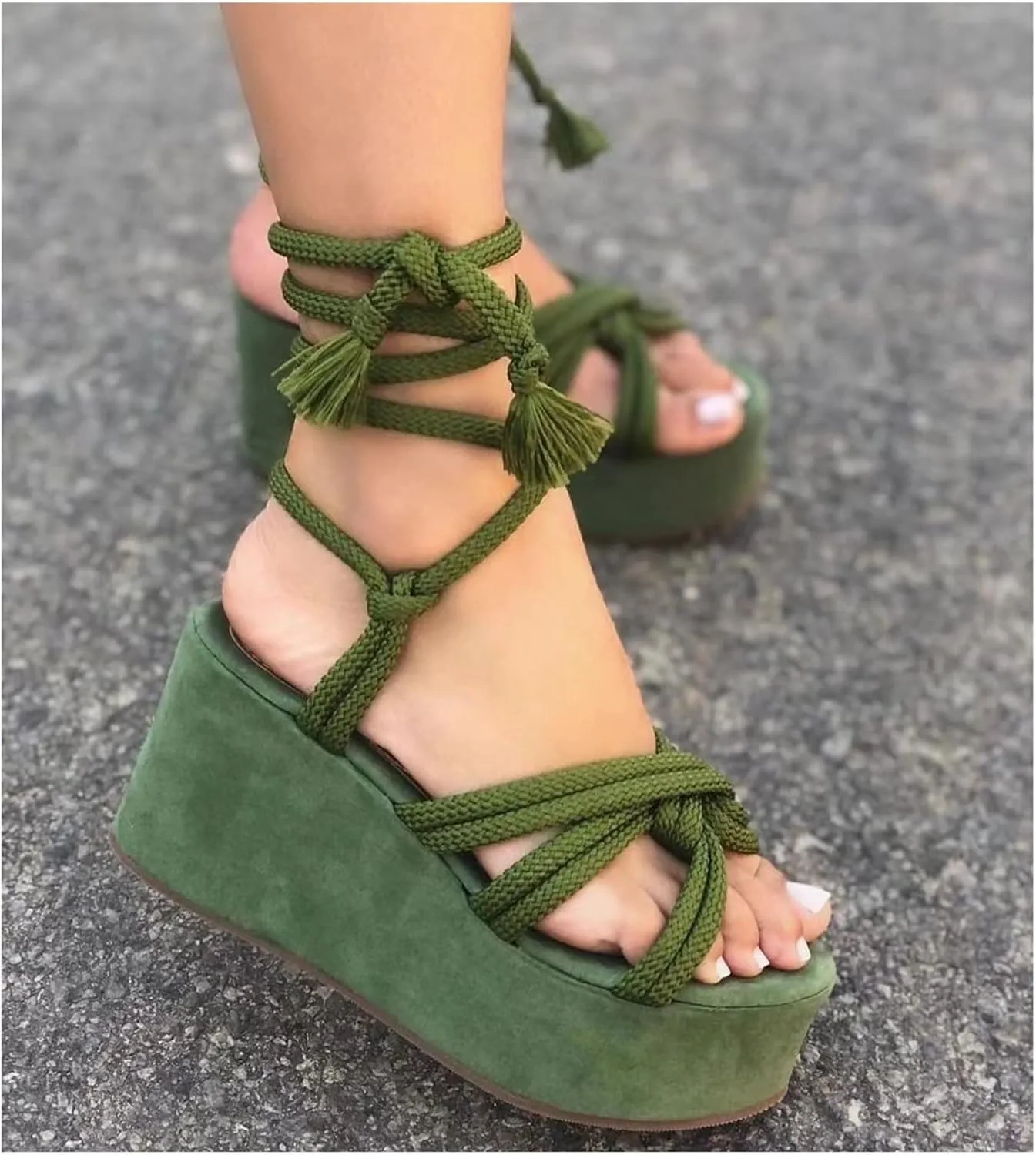 Ladies Sandals- Dresses Platform Sandals for Women, Fashion Tie Rope Camouflage Ankle Strap Summer Open Toe Beach Roman Shoes, Green, Black, Orange