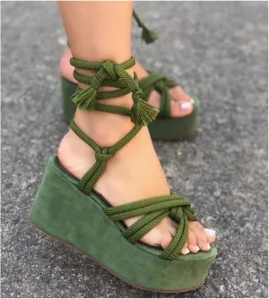 Ladies Sandals- Dresses Platform Sandals for Women, Fashion Tie Rope Camouflage Ankle Strap Summer Open Toe Beach Roman Shoes, Green, Black, Orange