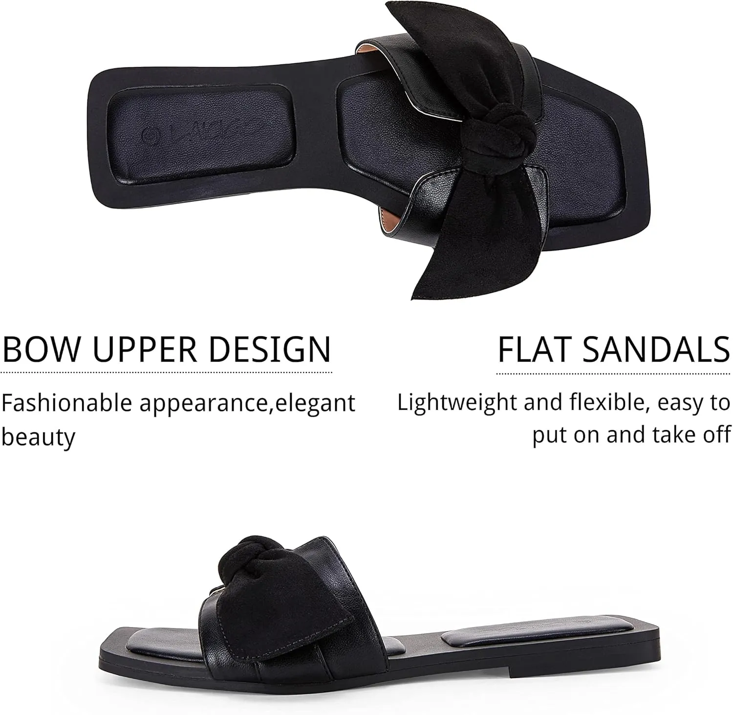 LAICIGO Womens Slip on Bow Sandals Dressy Comfortable Flat Sandals Square Toe Summer Slides
