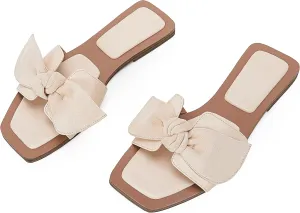 LAICIGO Womens Slip on Bow Sandals Dressy Comfortable Flat Sandals Square Toe Summer Slides