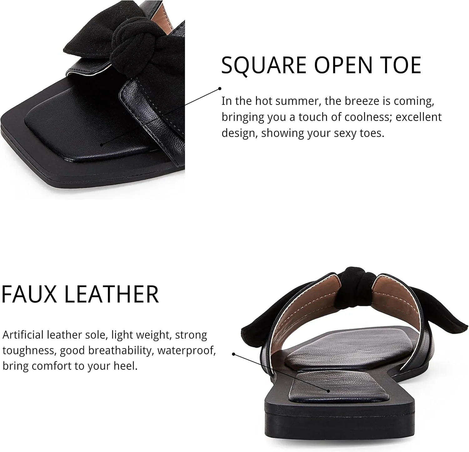 LAICIGO Womens Slip on Bow Sandals Dressy Comfortable Flat Sandals Square Toe Summer Slides
