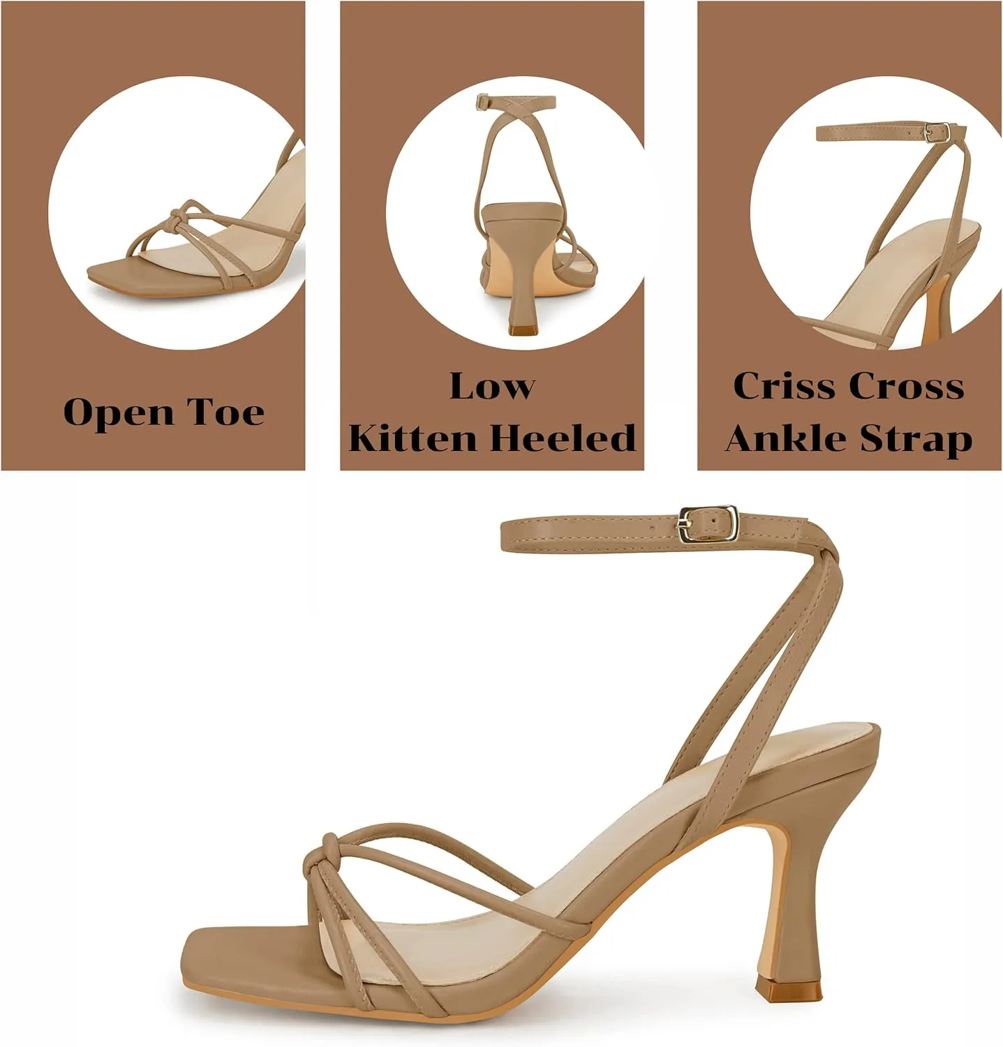 LAICIGO Women's Square Open Toe Heeled Sandals Stiletto Kitten Heel Ankle Buckle Strap Slingback Summer Dress Sandals