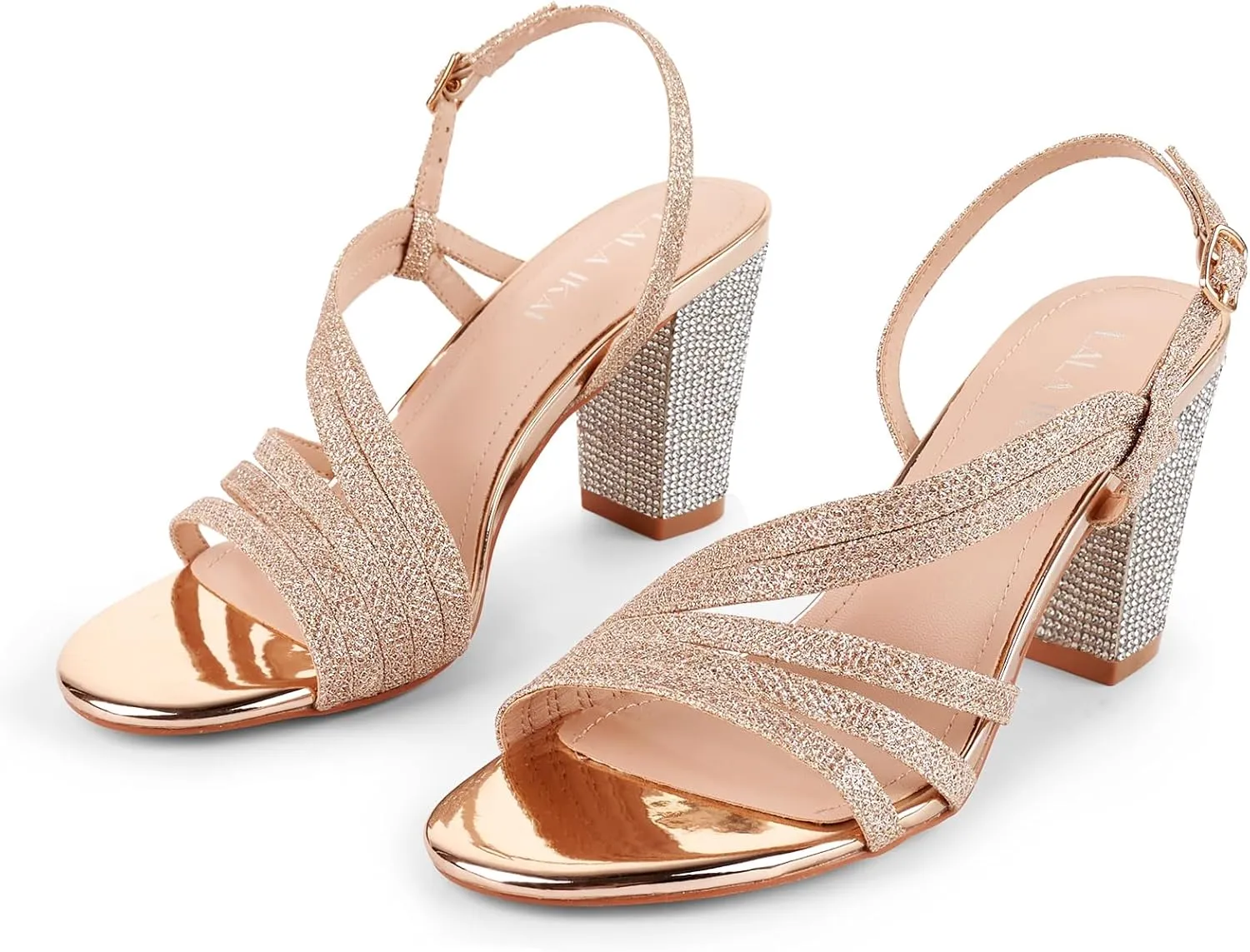 LALA IKAI Women's Strappy Slingback Chunky Heels Open Toe Rhinestones Sandals Fashion Dress Shoes