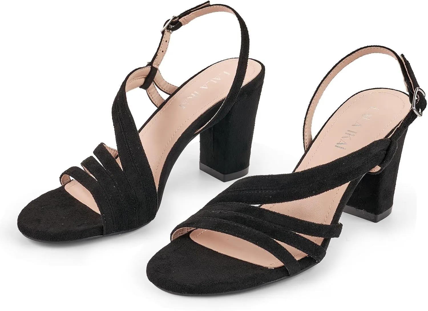 LALA IKAI Women's Strappy Slingback Chunky Heels Open Toe Rhinestones Sandals Fashion Dress Shoes