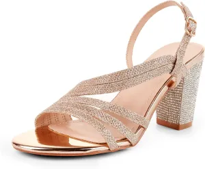 LALA IKAI Women's Strappy Slingback Chunky Heels Open Toe Rhinestones Sandals Fashion Dress Shoes