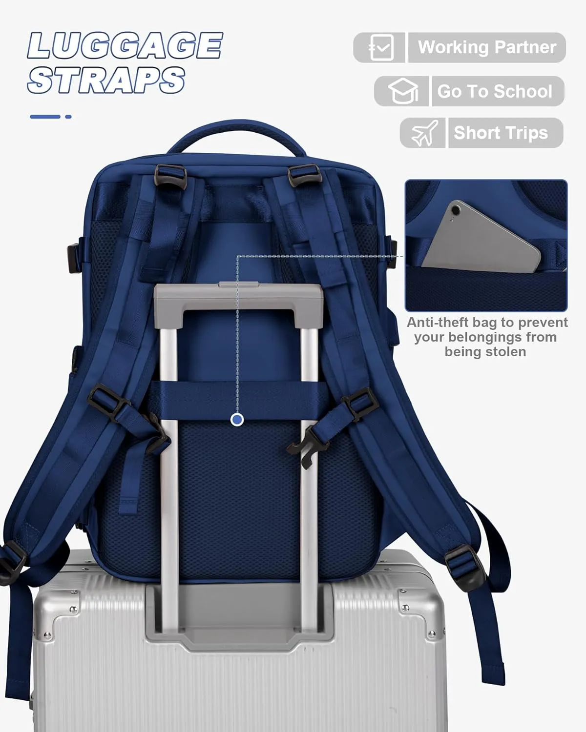 Large Travel Backpack for Men Carry on Backpack for Airplanes Mochila de Viaje Traveling Backpack for Women Airback Backpack for Traveling on Airplane Personal Item Backpack for Travel Bag Navy Blue