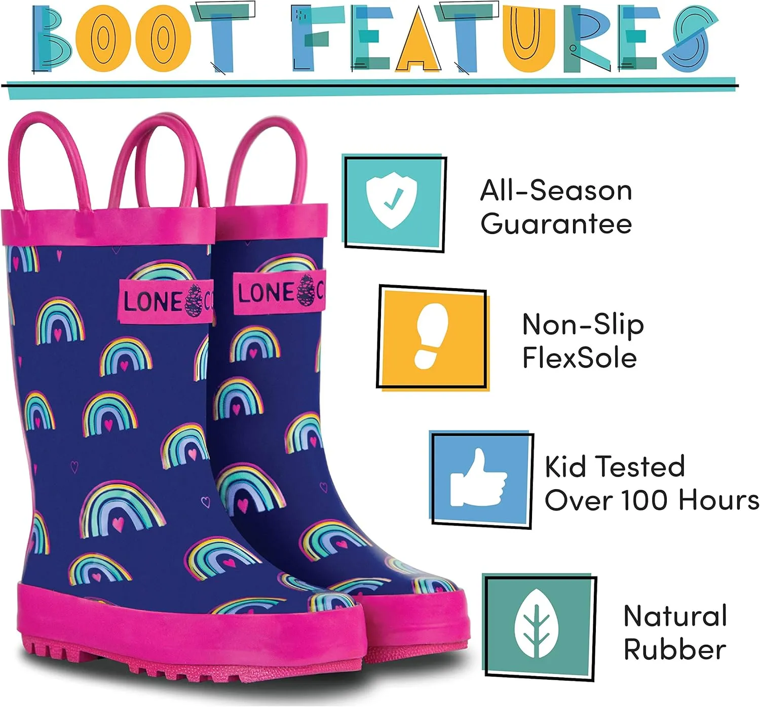 Lone Cone Kids Rain Boots for Girls & Boys – Waterproof Natural Rubber Toddler Rain Boots with Non-Slip Outsole & Easy Pull Handles – Solid, Pattern & Glitter Designs