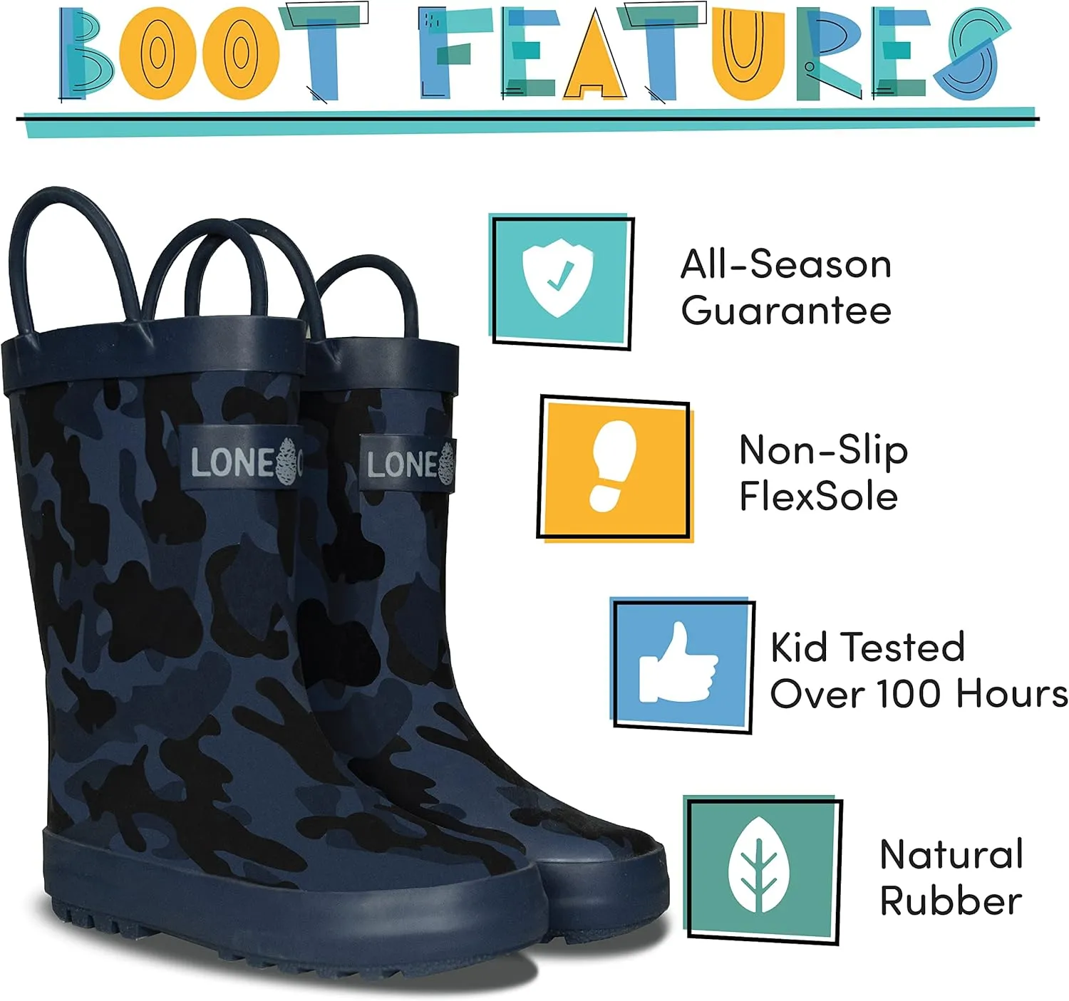 Lone Cone Kids Rain Boots for Girls & Boys – Waterproof Natural Rubber Toddler Rain Boots with Non-Slip Outsole & Easy Pull Handles – Solid, Pattern & Glitter Designs